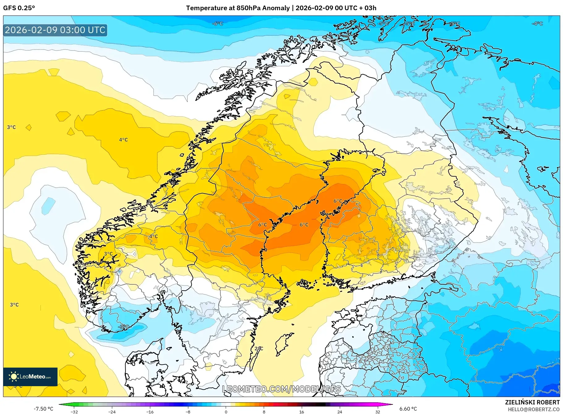 GFS model - Skandinavia, Anomali Suhu 850 hPa