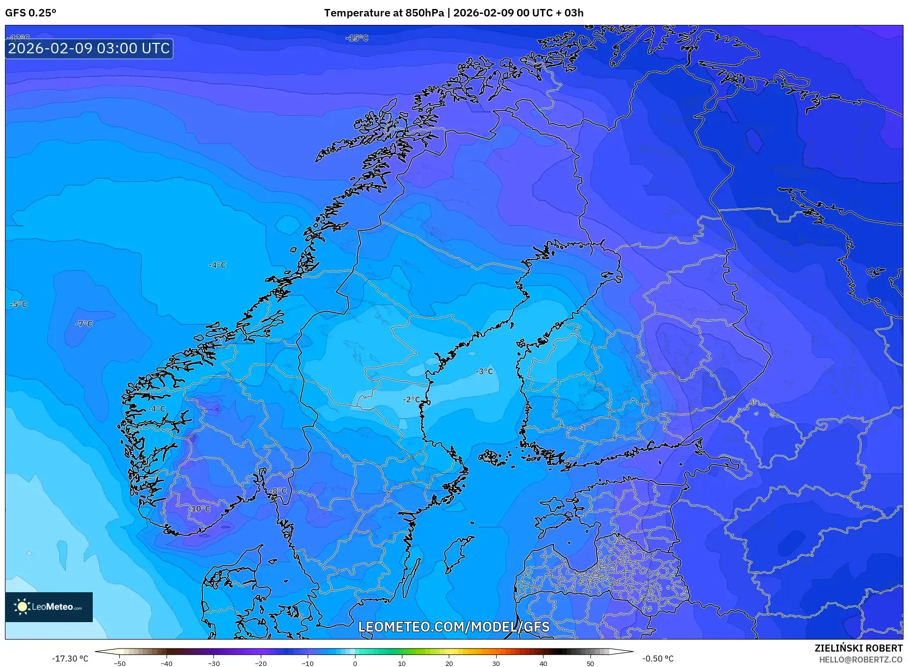 GFS model - Skandinavia, Suhu 850 hPa