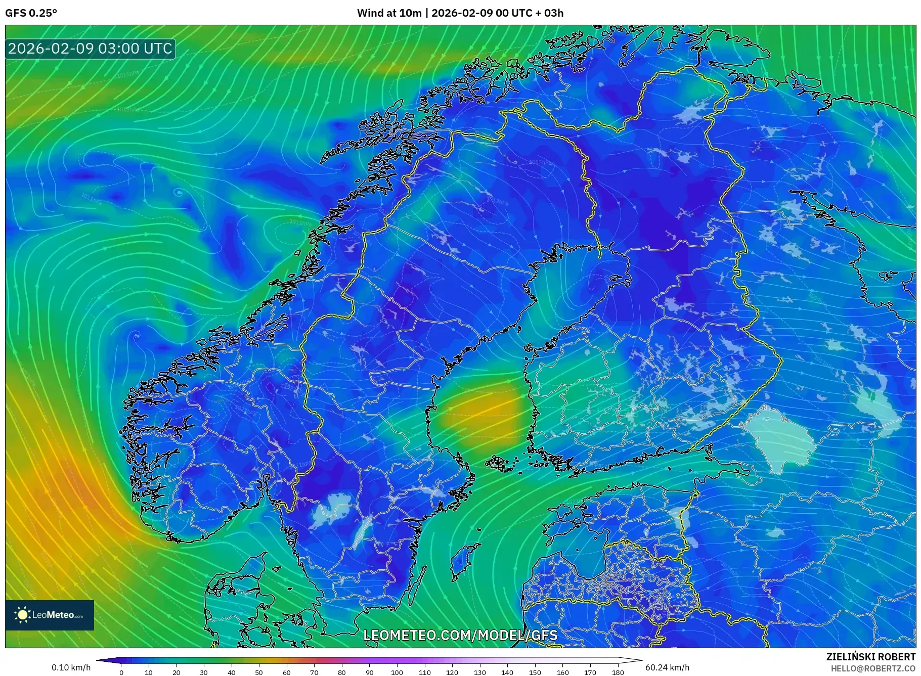 GFS model - Skandinavia, Angin 10 m
