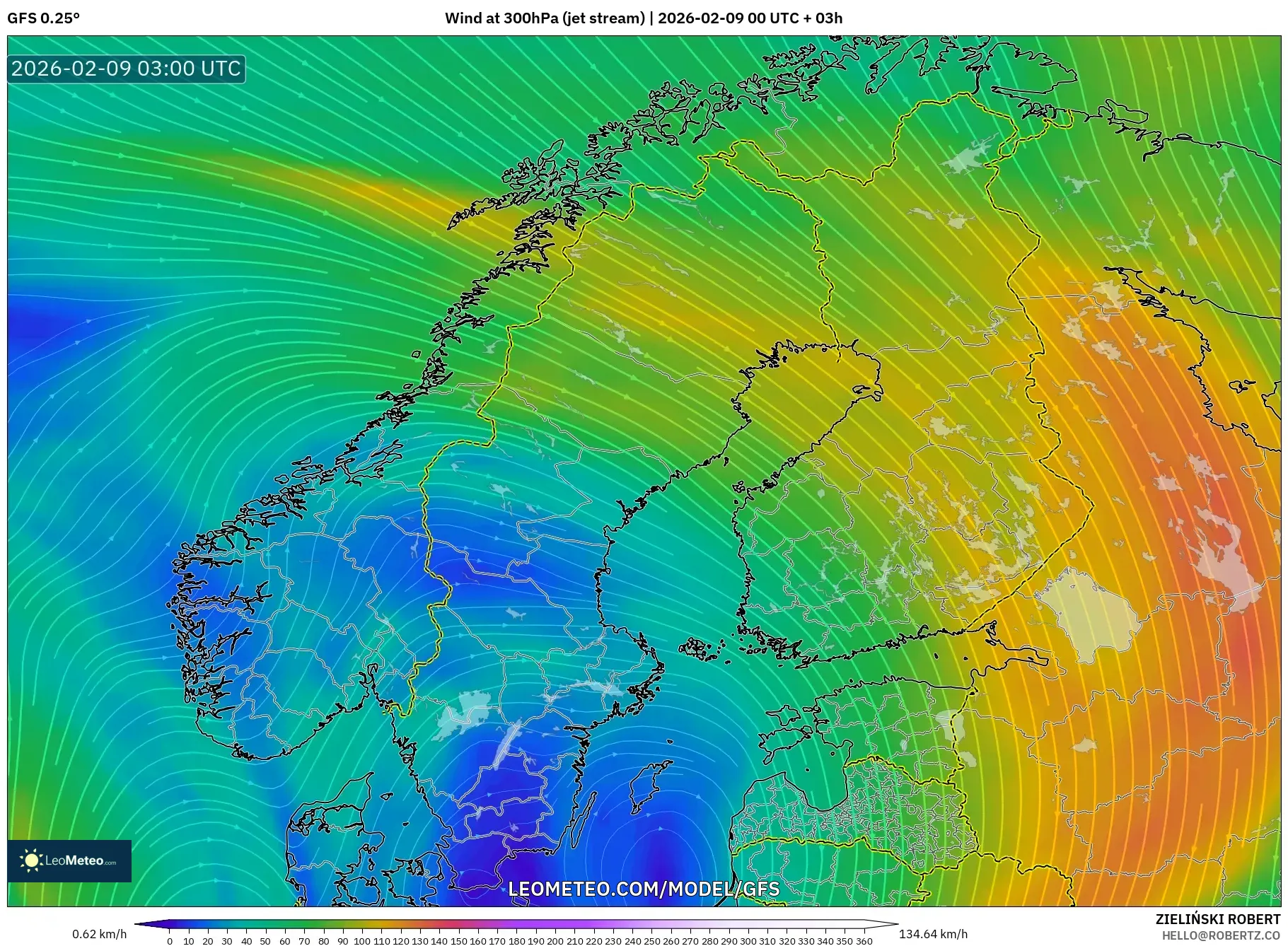 GFS model - Skandinavia, Angin 300 hPa (aliran jet)