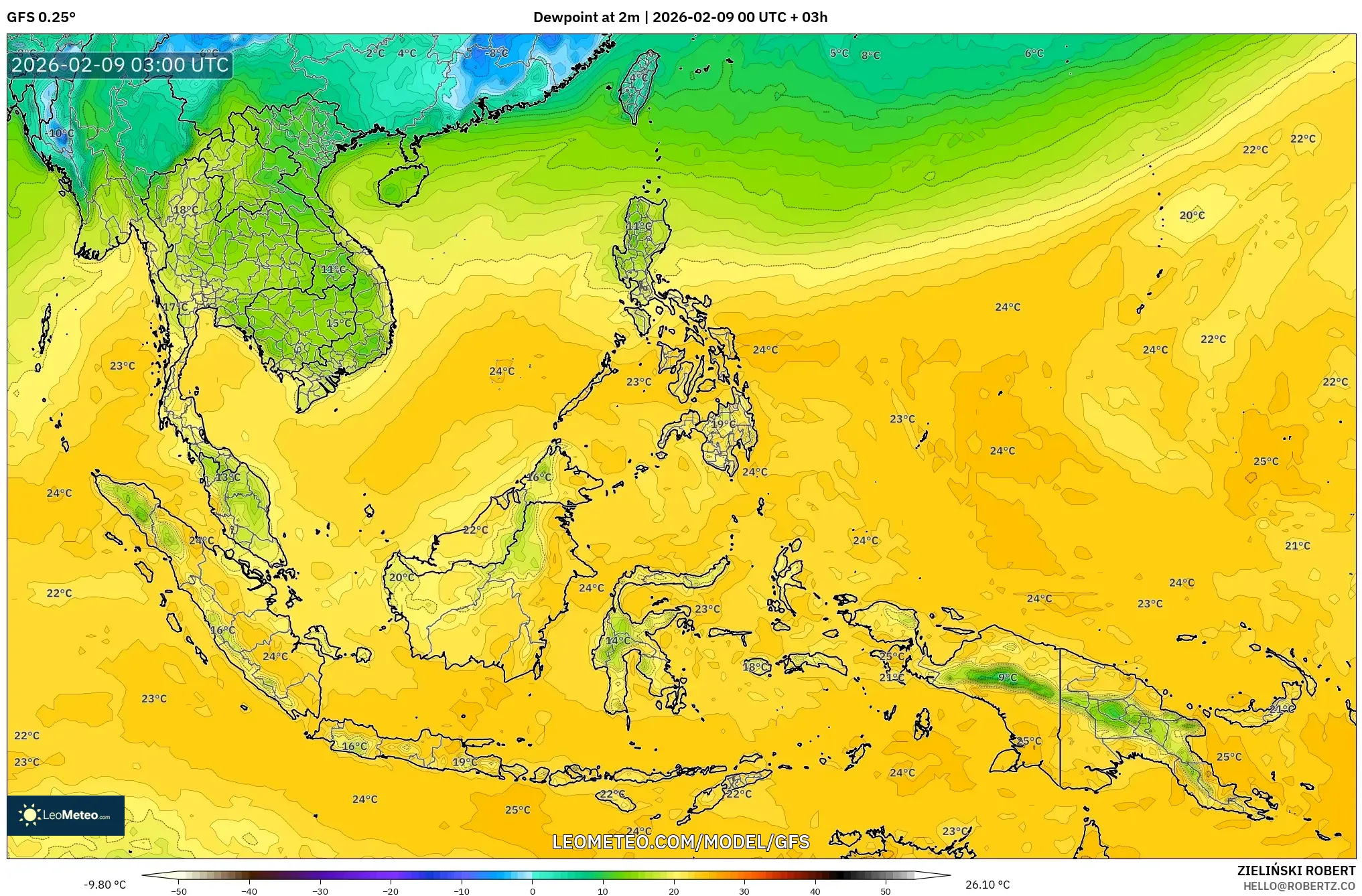 GFS model - Asia Tenggara, Takat Embun 2 m
