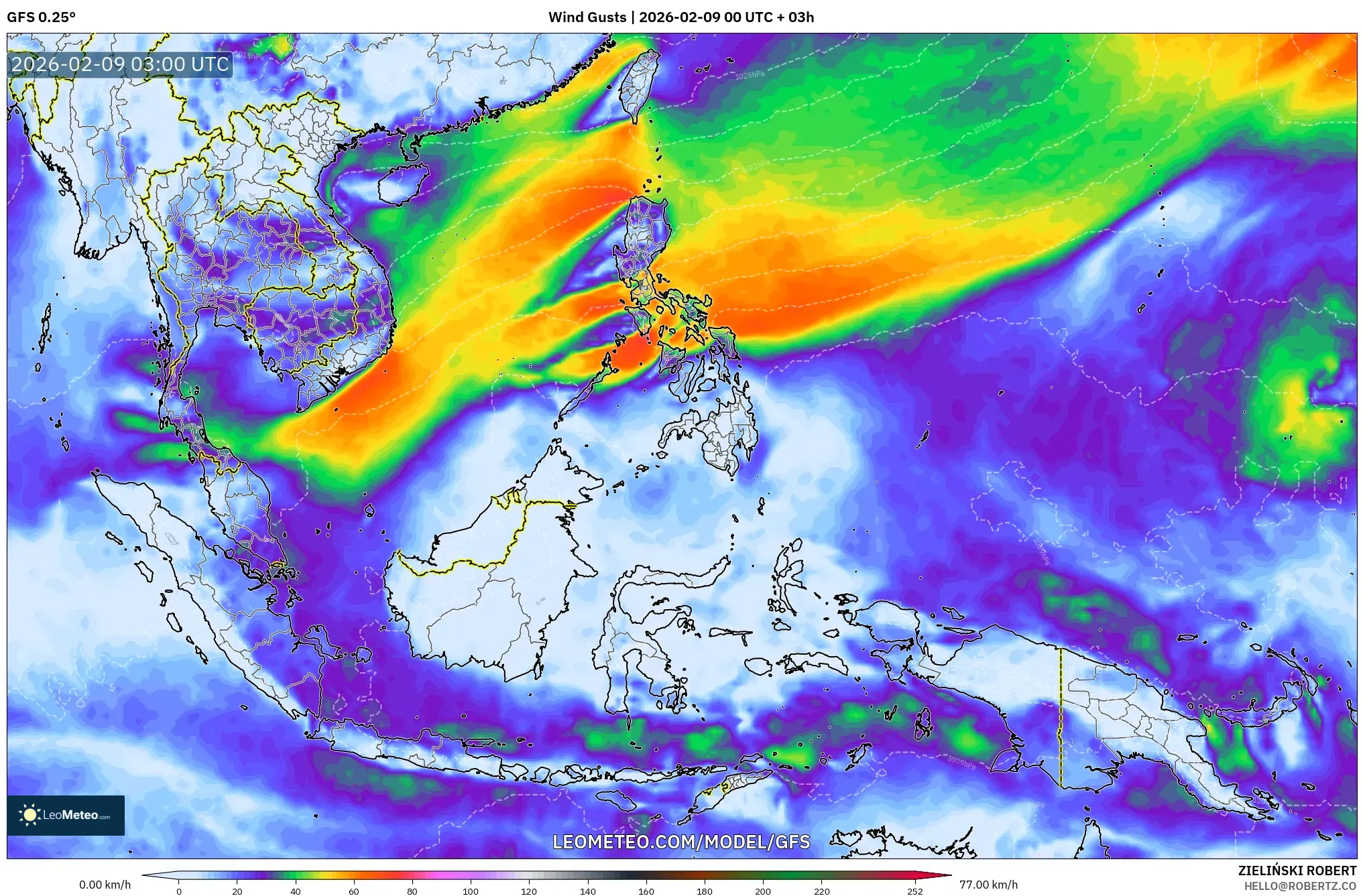 GFS model - Asia Tenggara, Hembusan Angin