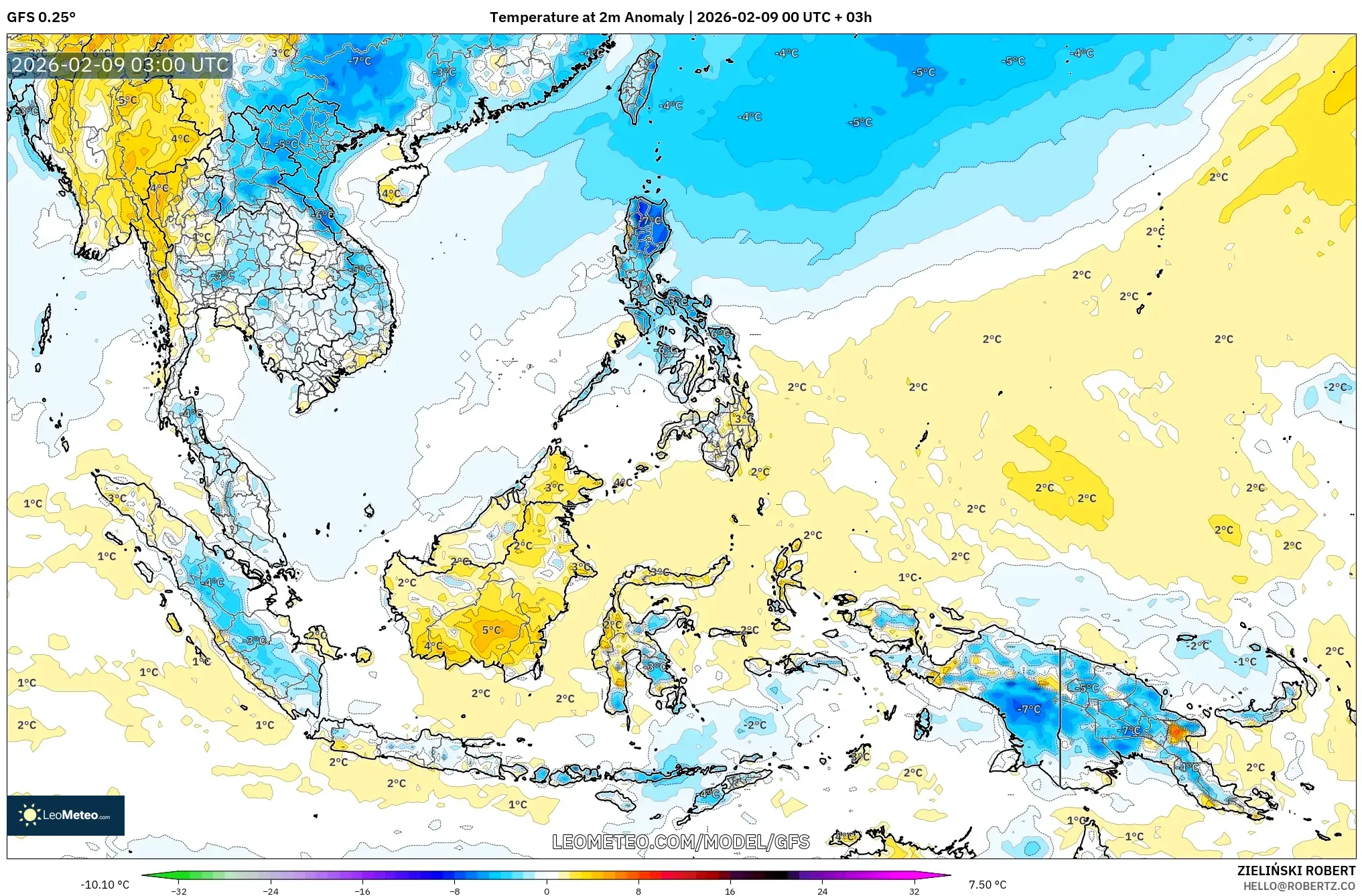 GFS model - Asia Tenggara, Anomali Suhu 2 m