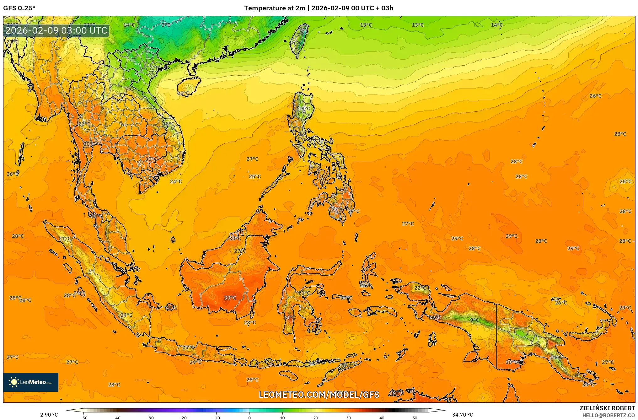 GFS model - Asia Tenggara, Suhu pada 2 m