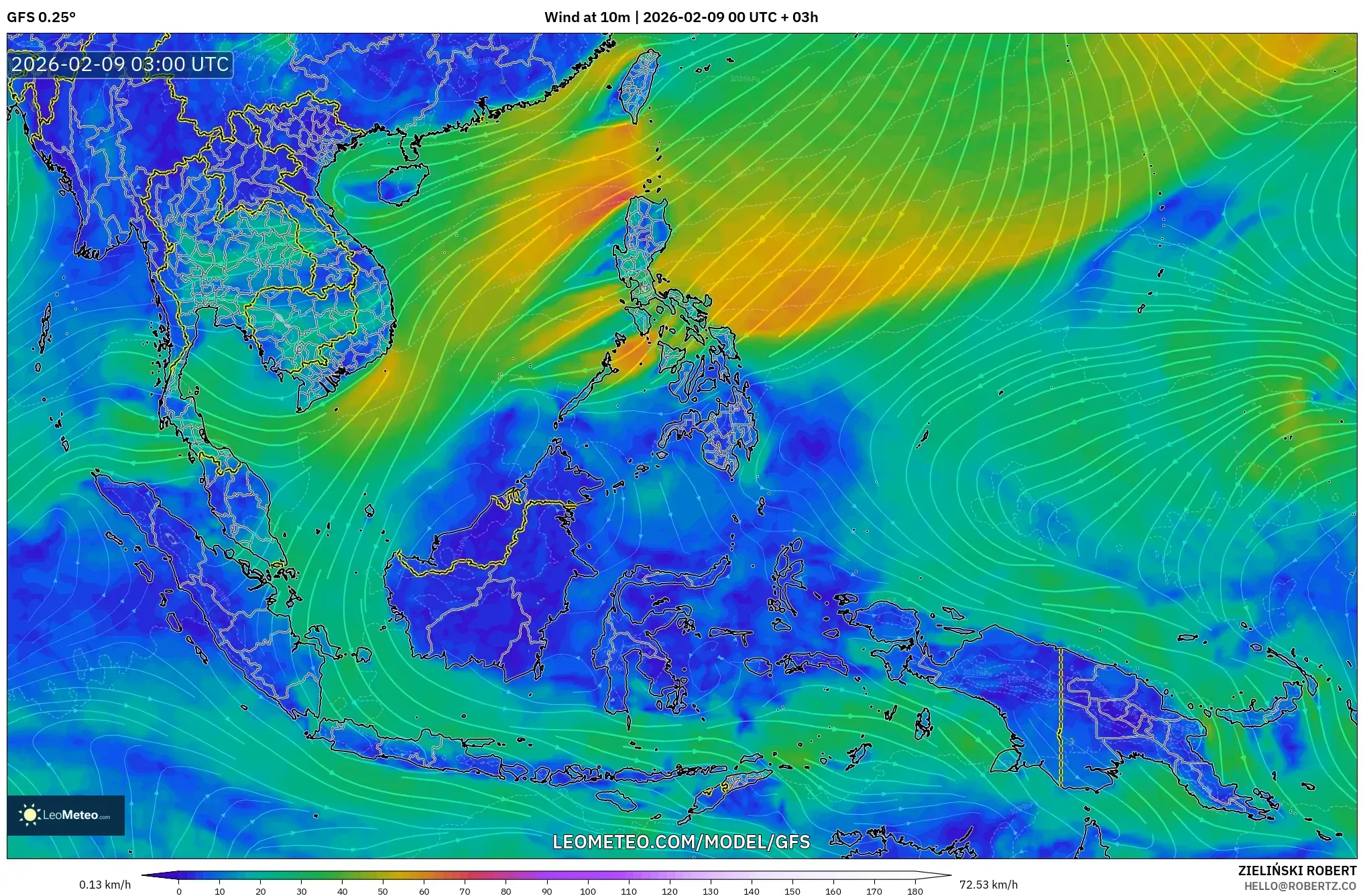 GFS model - Asia Tenggara, Angin 10 m