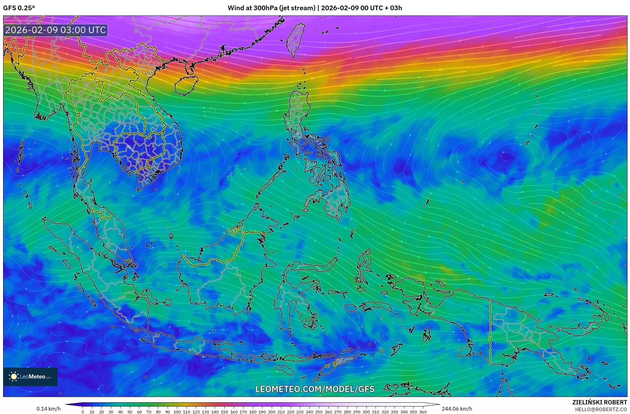 GFS model - Asia Tenggara, Angin 300 hPa (aliran jet)