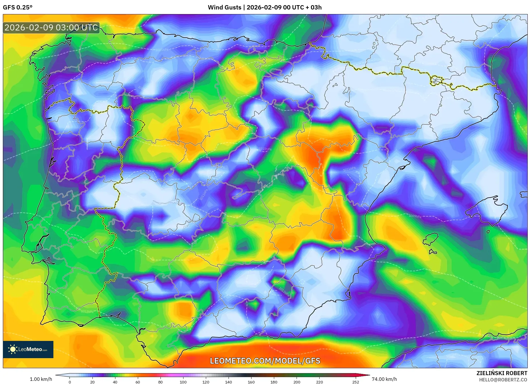 GFS model - Sepanyol, Hembusan Angin