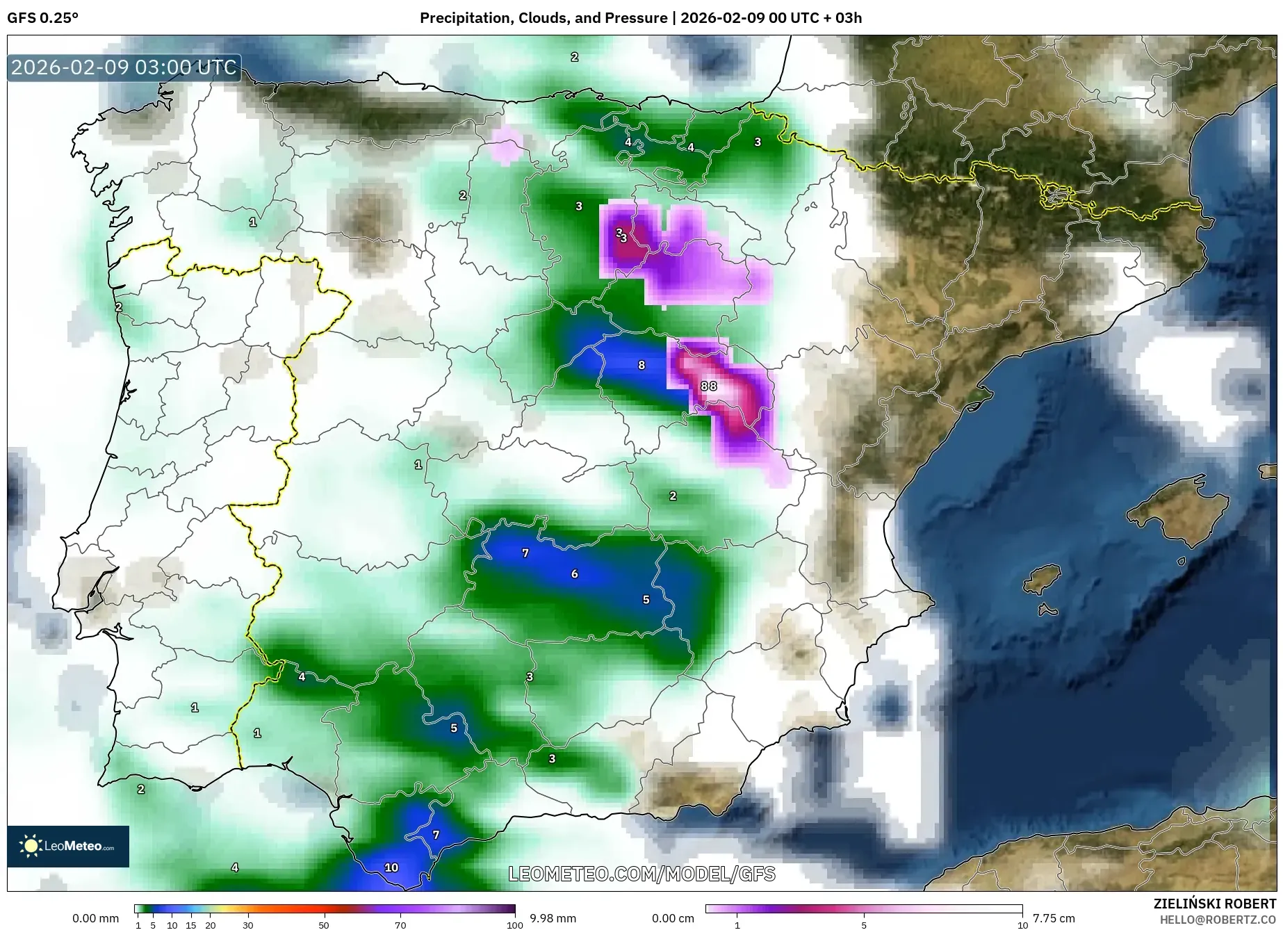 GFS model - Sepanyol, Hujan, Awan dan Tekanan