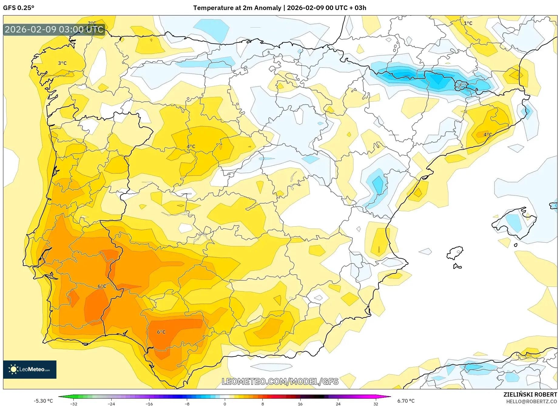 GFS model - Sepanyol, Anomali Suhu 2 m