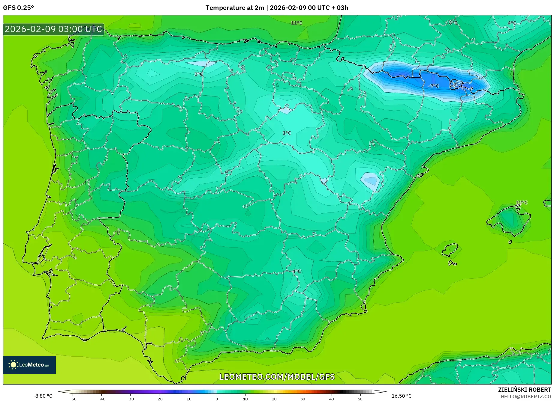 GFS model - Sepanyol, Suhu pada 2 m