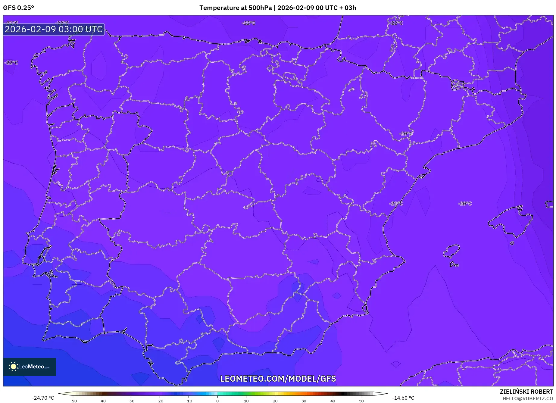 GFS model - Sepanyol, Suhu 500 hPa