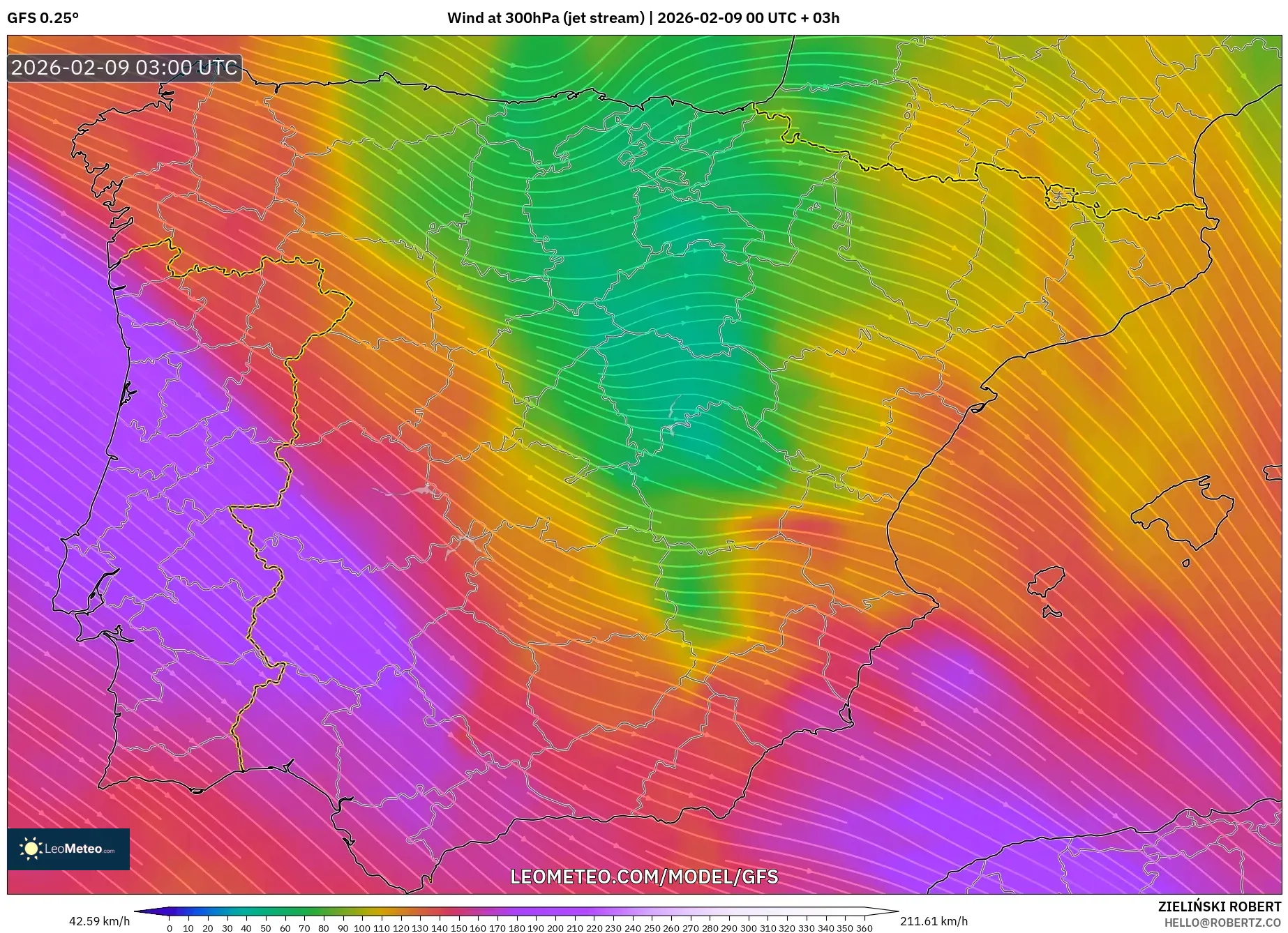 GFS model - Sepanyol, Angin 300 hPa (aliran jet)