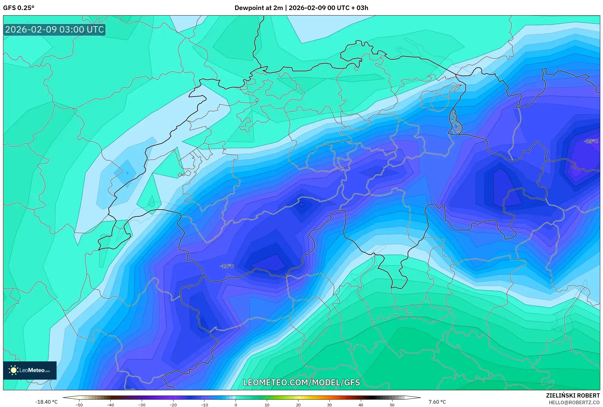 GFS model - Switzerland, Takat Embun 2 m