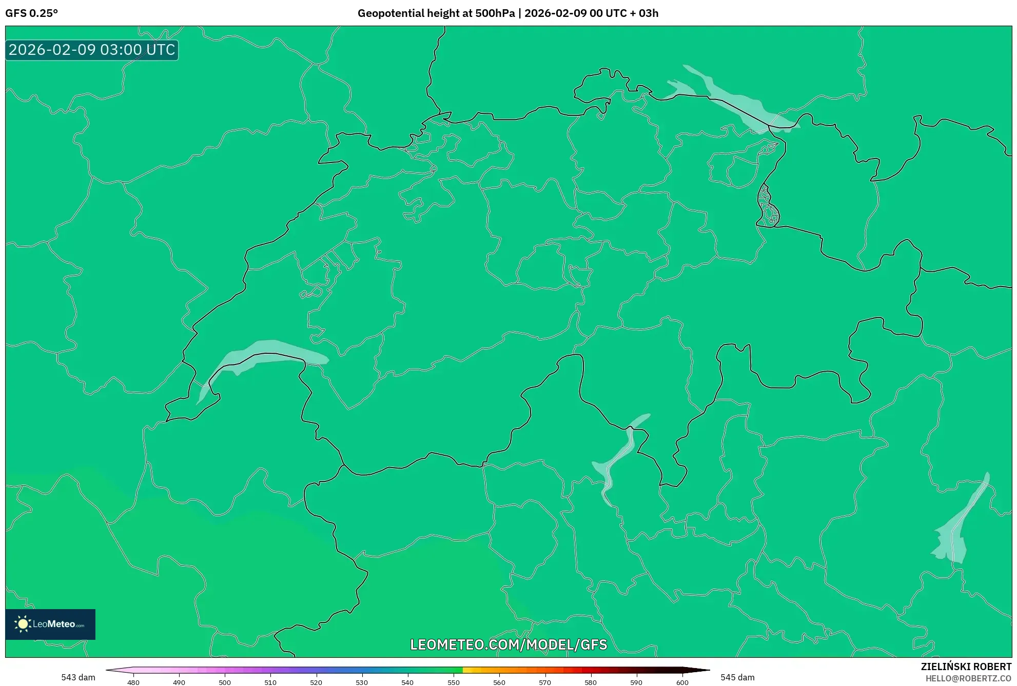 GFS model - Switzerland, Ketinggian geopotensial pada 500 hPa