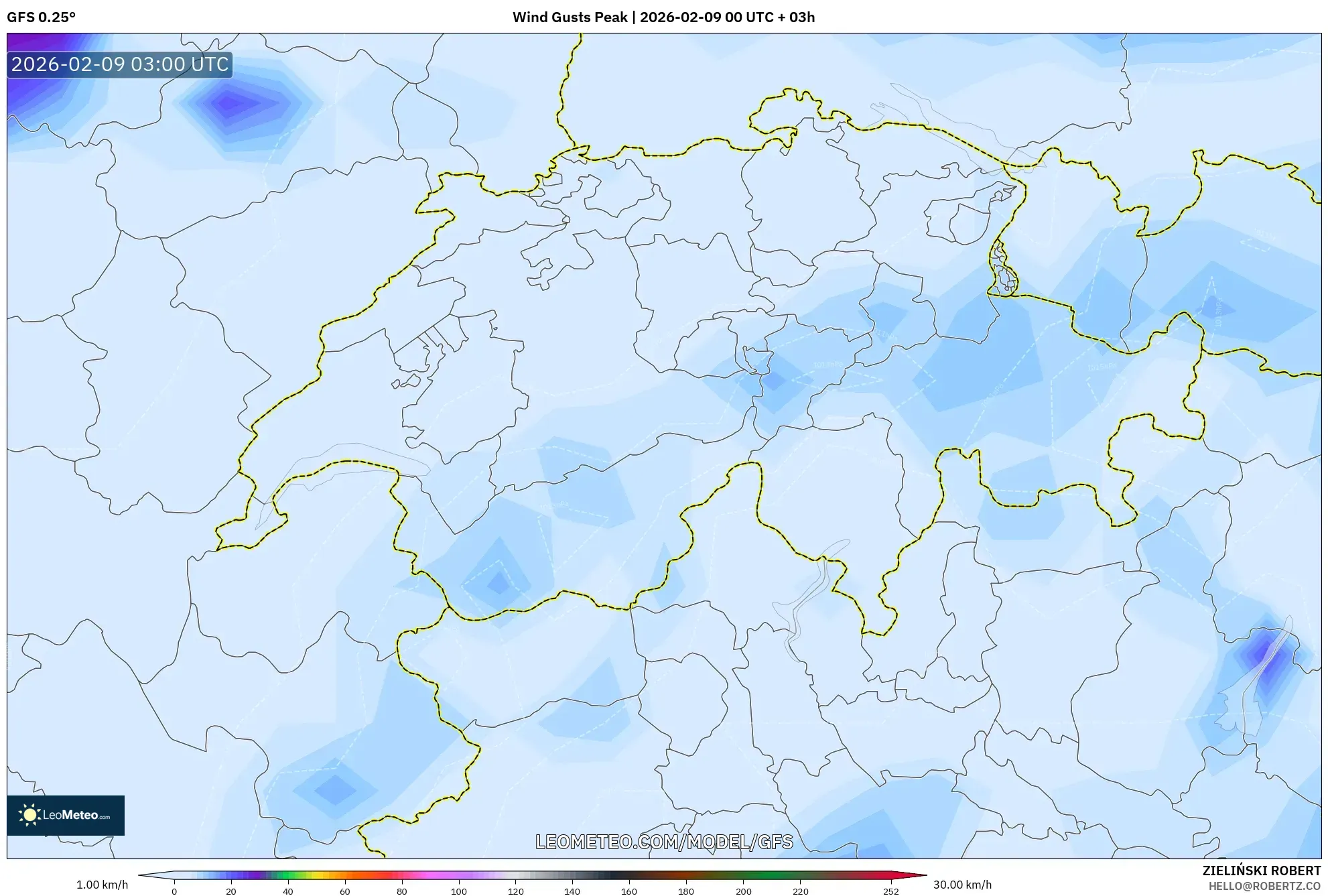 GFS model - Switzerland, Hembusan Tertinggi