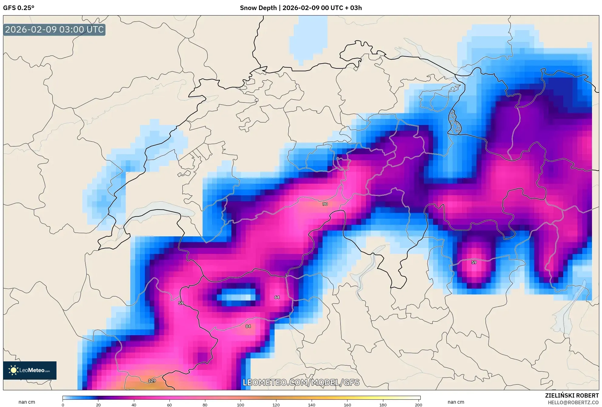 GFS model - Switzerland, Ketebalan Salji