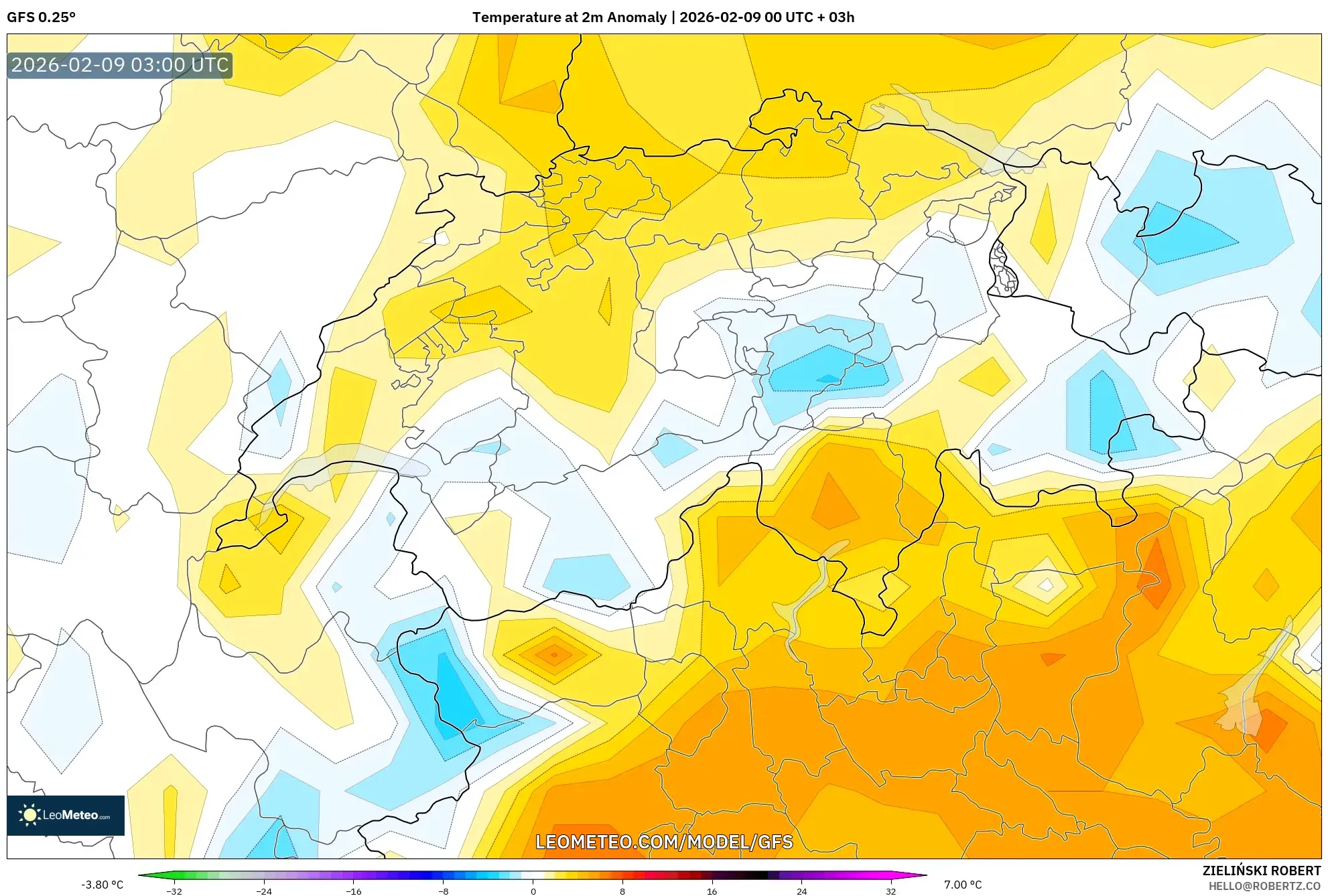 GFS model - Switzerland, Anomali Suhu 2 m