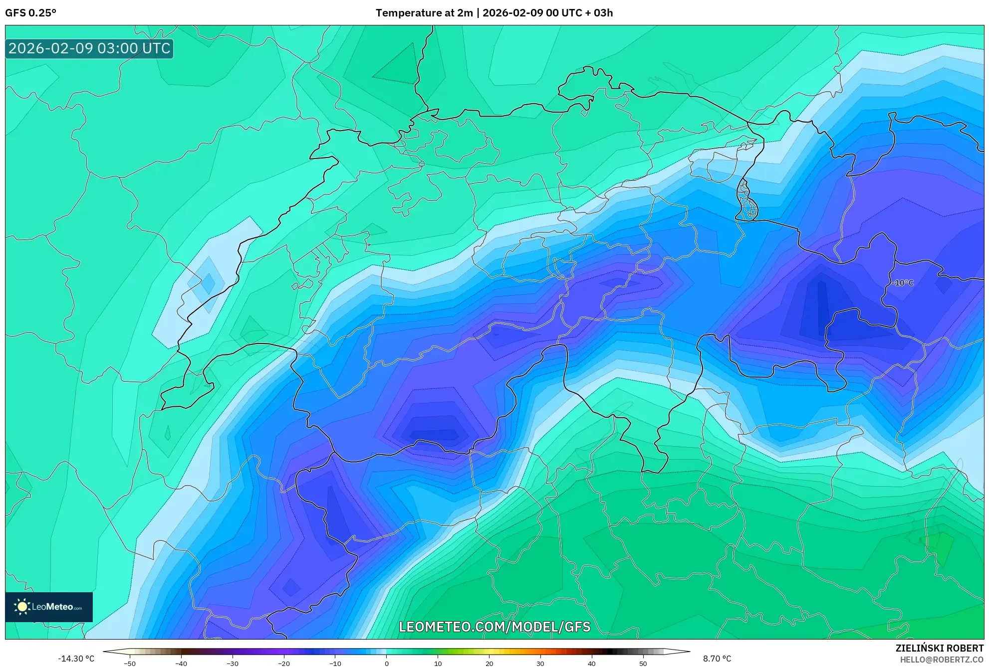 GFS model - Switzerland, Suhu pada 2 m