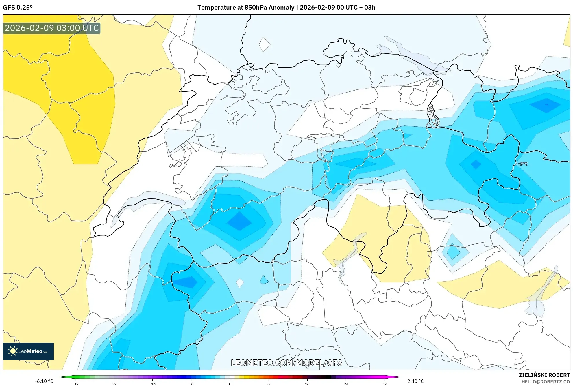 GFS model - Switzerland, Anomali Suhu 850 hPa