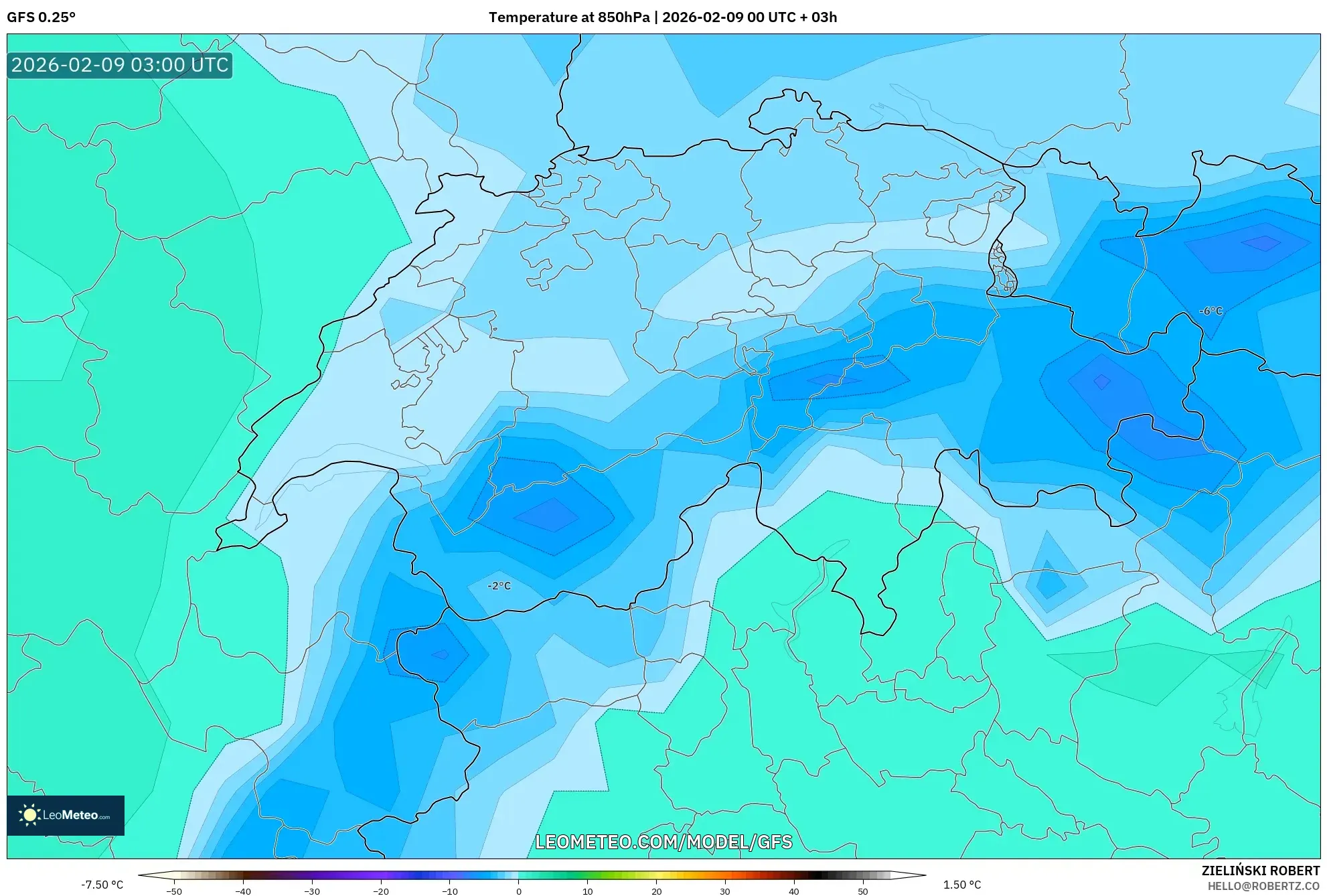 GFS model - Switzerland, Suhu 850 hPa