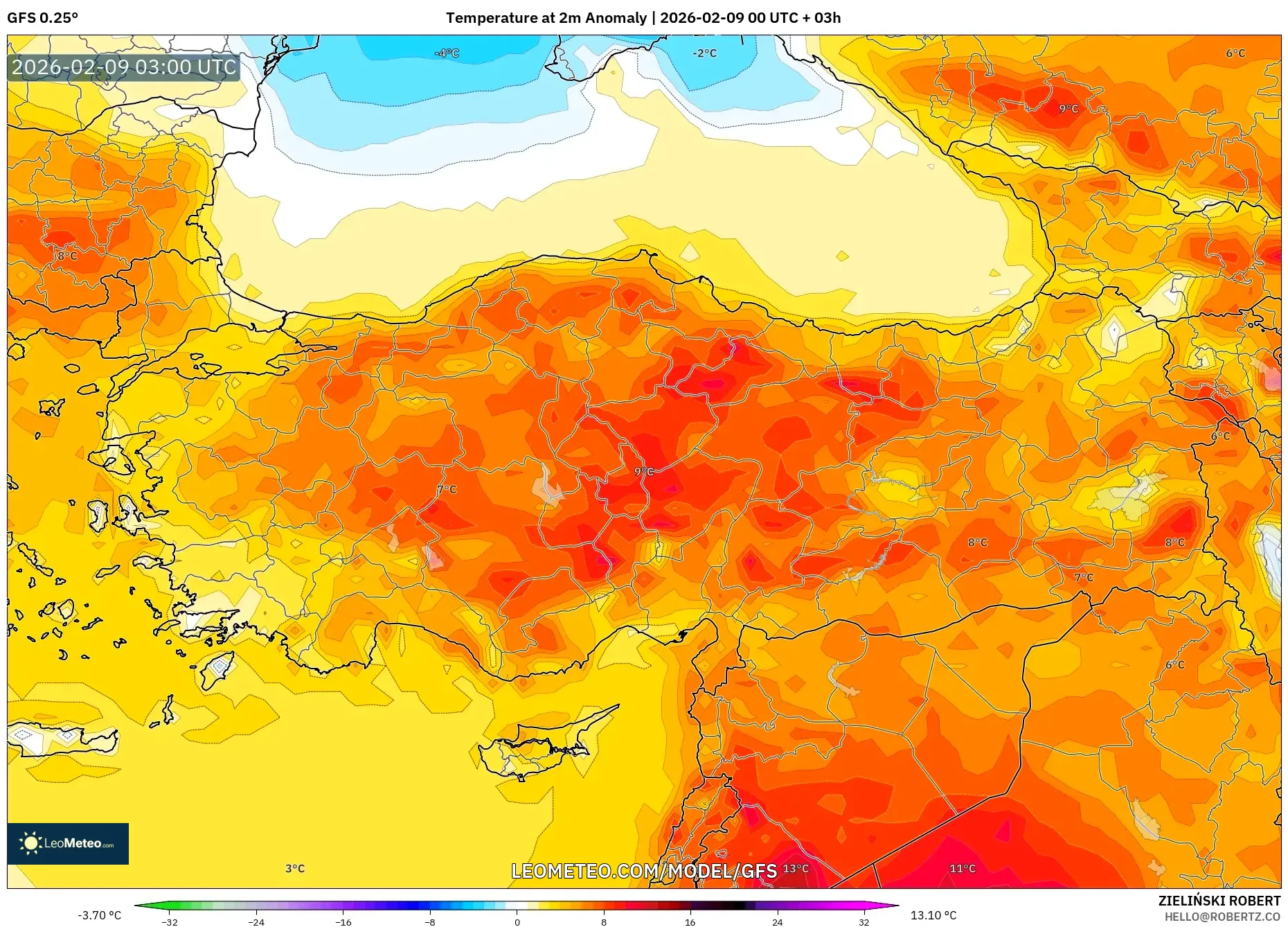 GFS model - Turki, Anomali Suhu 2 m