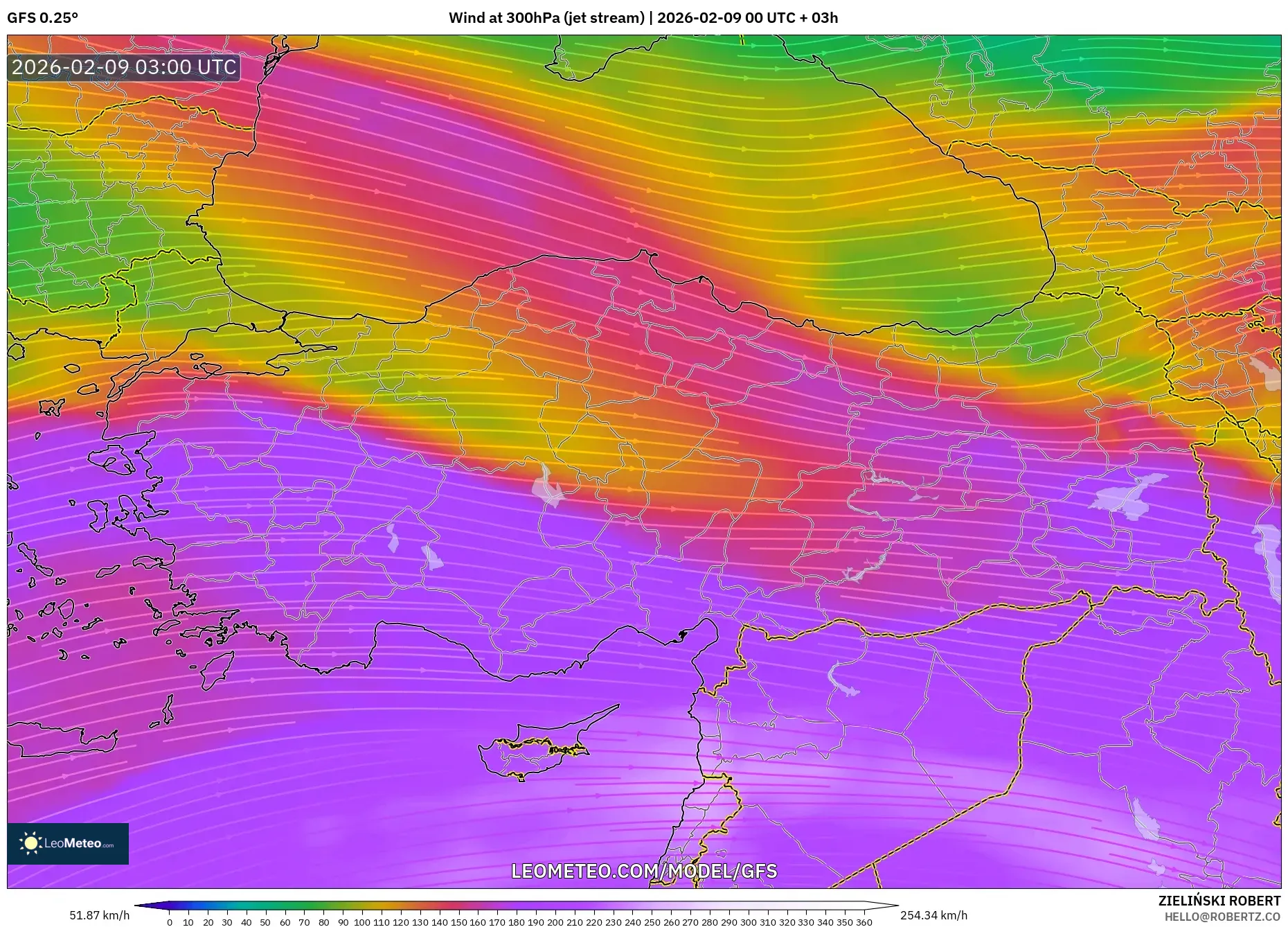 GFS model - Turki, Angin 300 hPa (aliran jet)