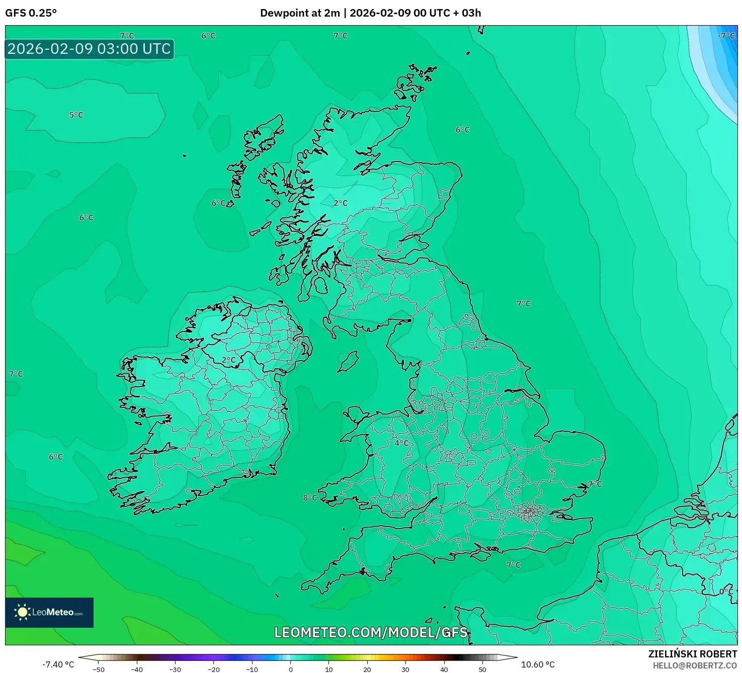 GFS model - United Kingdom, Takat Embun 2 m