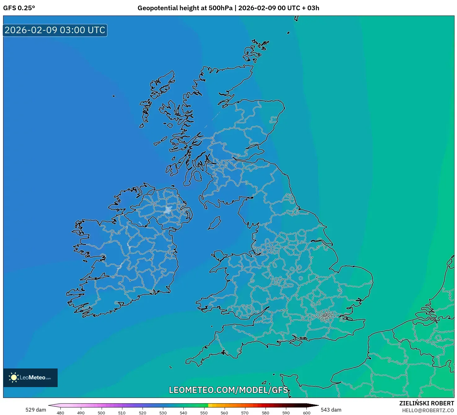 GFS model - United Kingdom, Ketinggian geopotensial pada 500 hPa