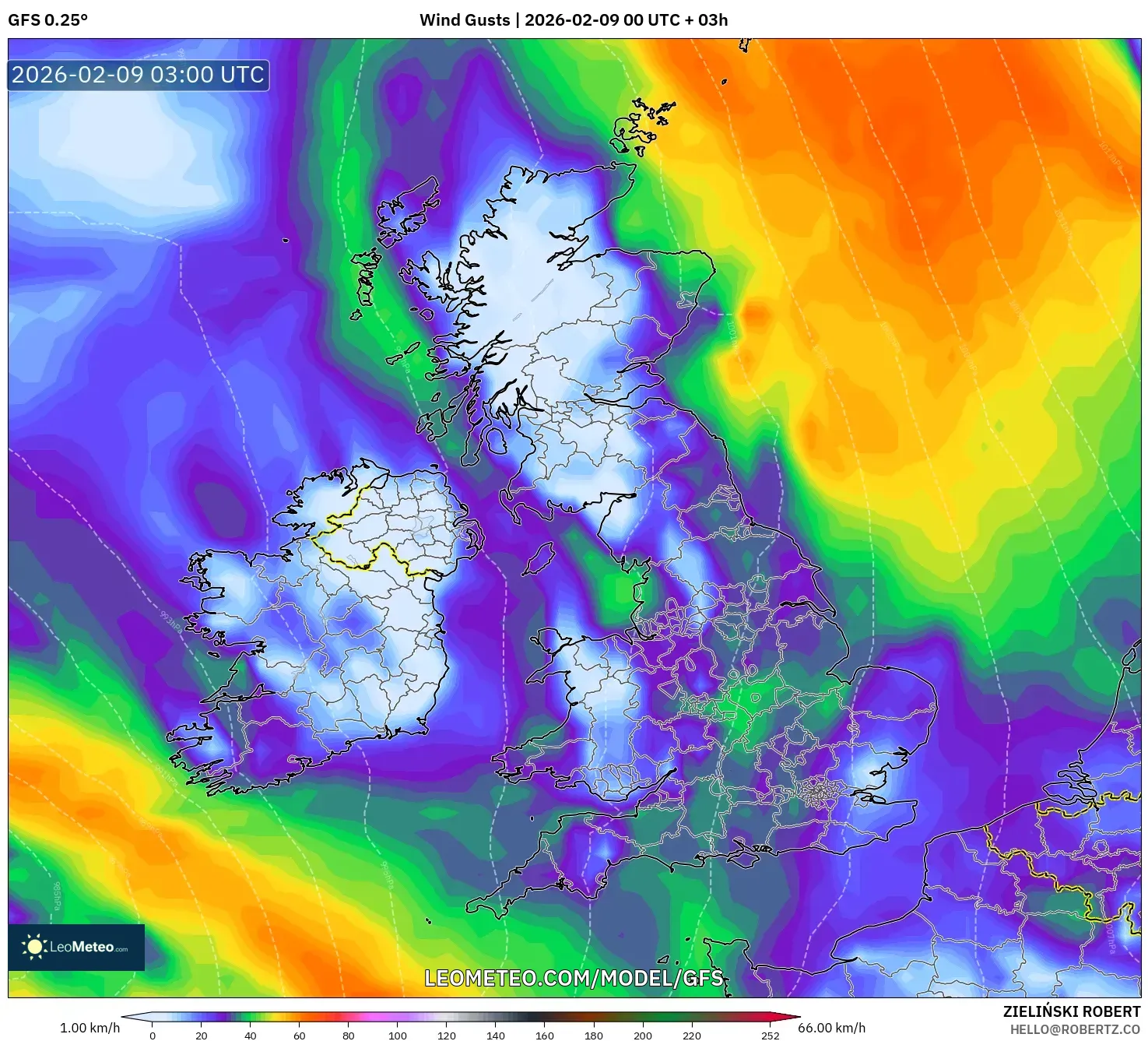 GFS model - United Kingdom, Hembusan Angin