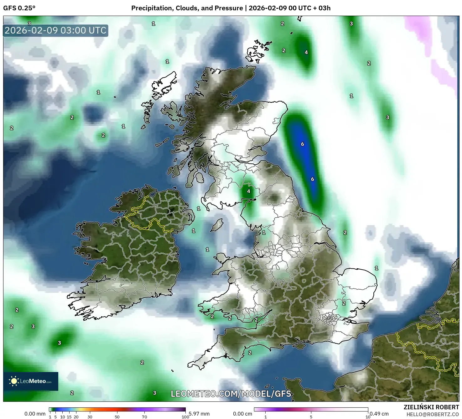 GFS model - United Kingdom, Hujan, Awan dan Tekanan