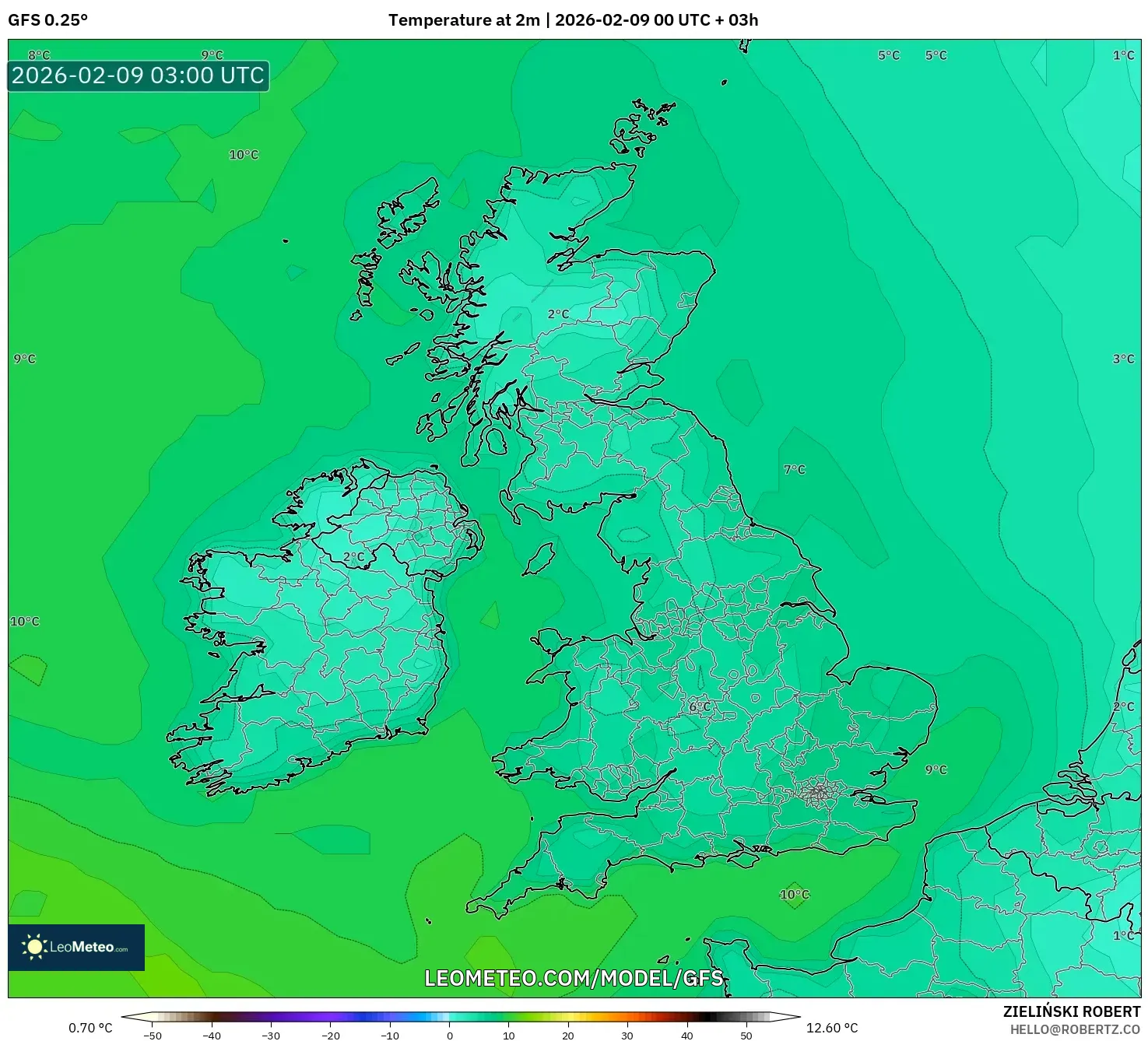 GFS model - United Kingdom, Suhu pada 2 m