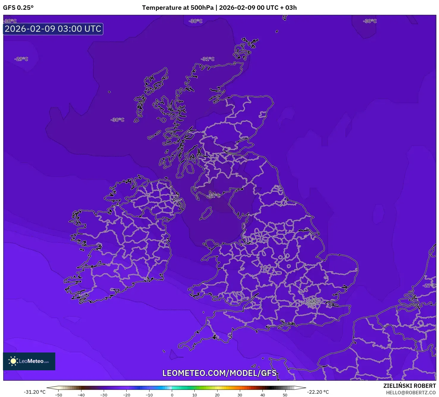 GFS model - United Kingdom, Suhu 500 hPa