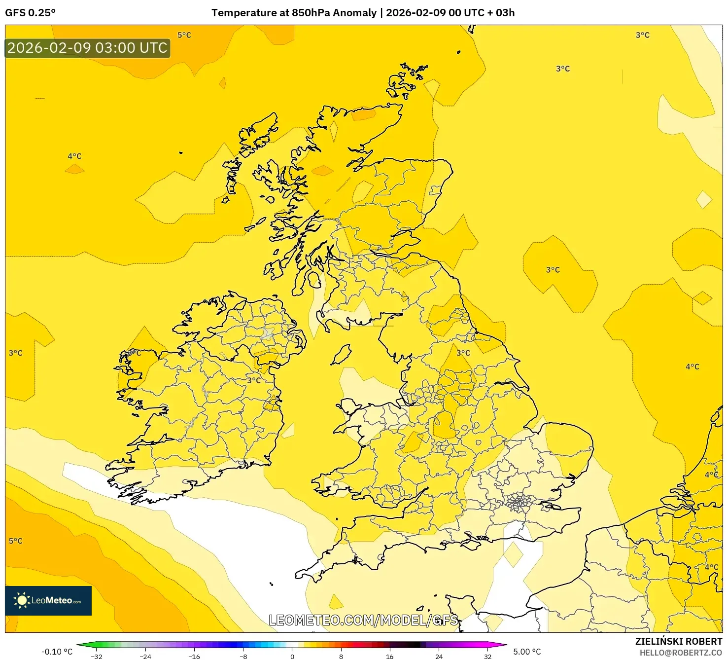 GFS model - United Kingdom, Anomali Suhu 850 hPa