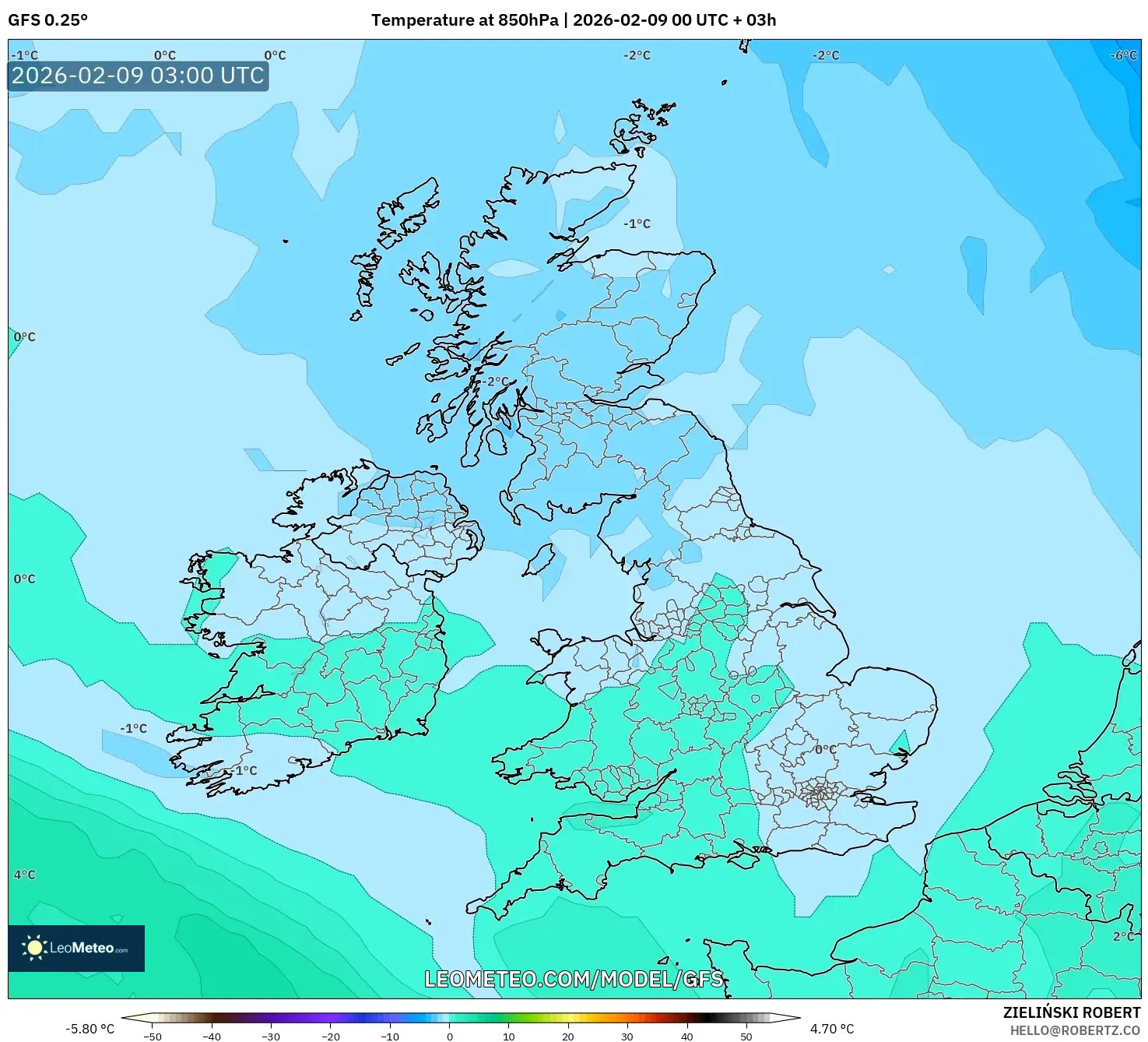 GFS model - United Kingdom, Suhu 850 hPa