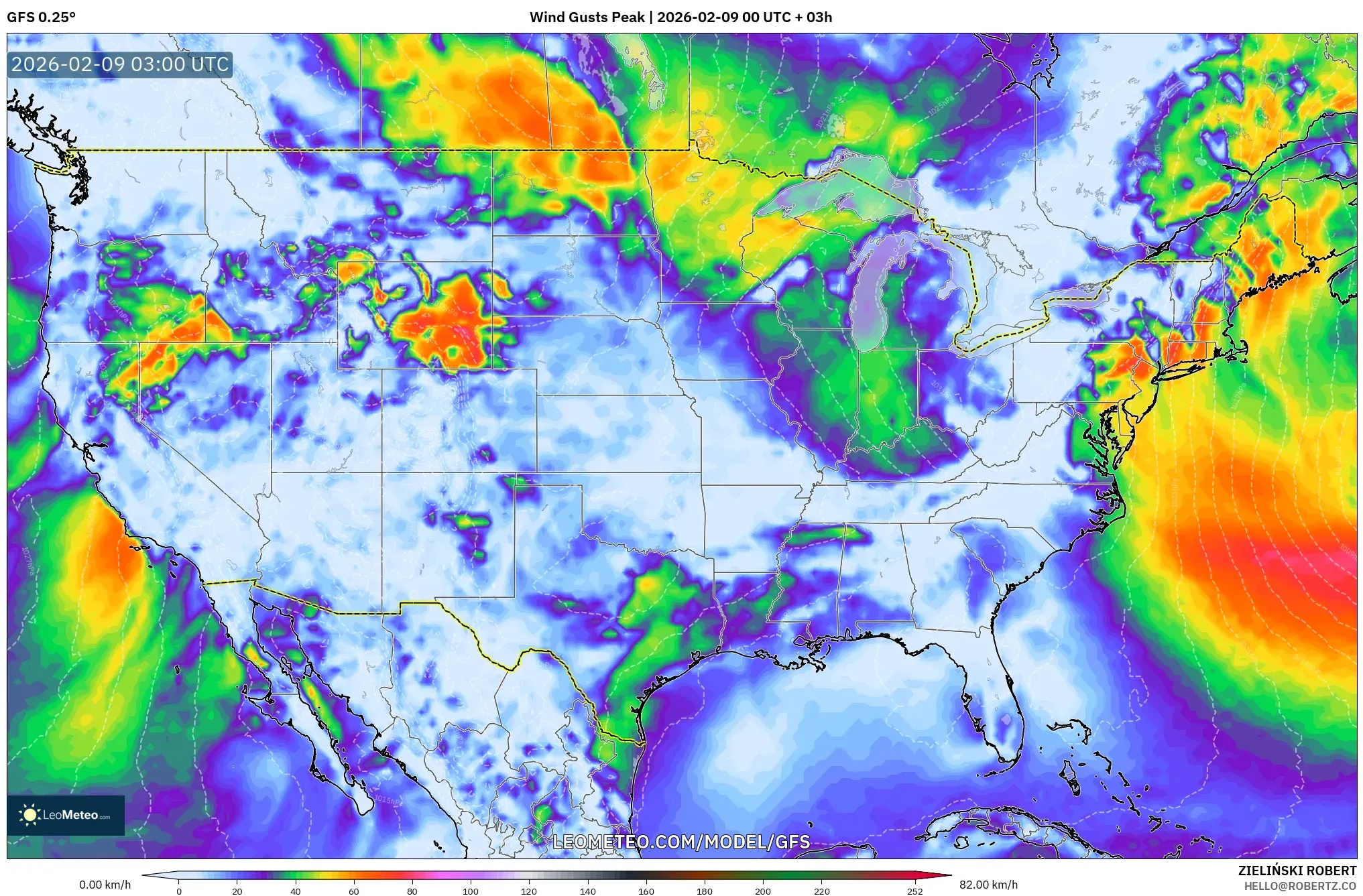GFS model - Amerika Syarikat, Hembusan Tertinggi
