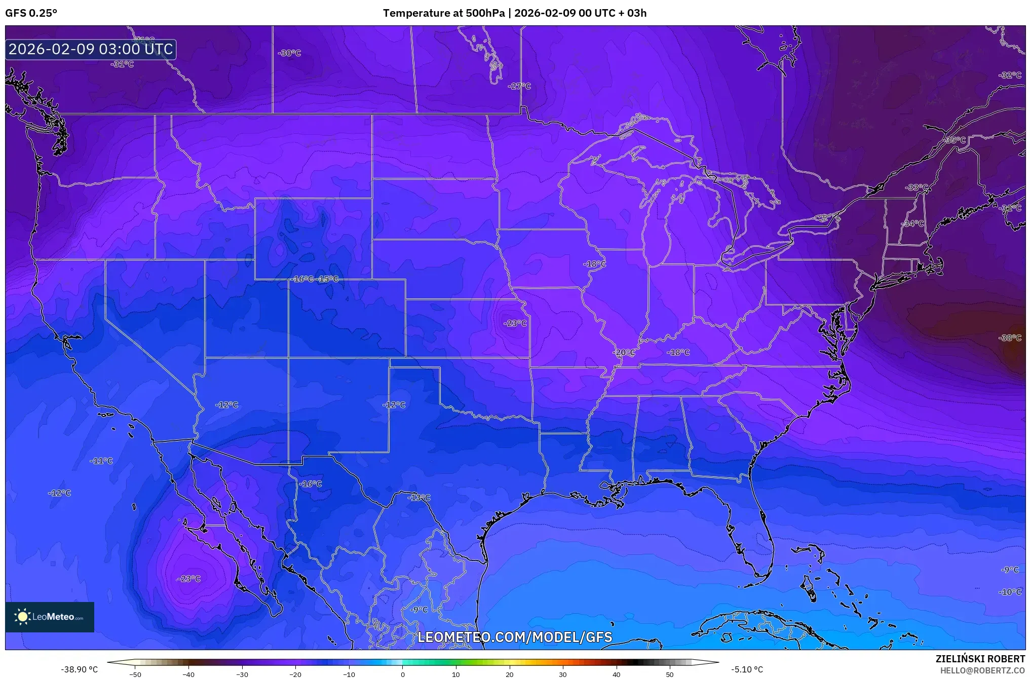 GFS model - Amerika Syarikat, Suhu 500 hPa
