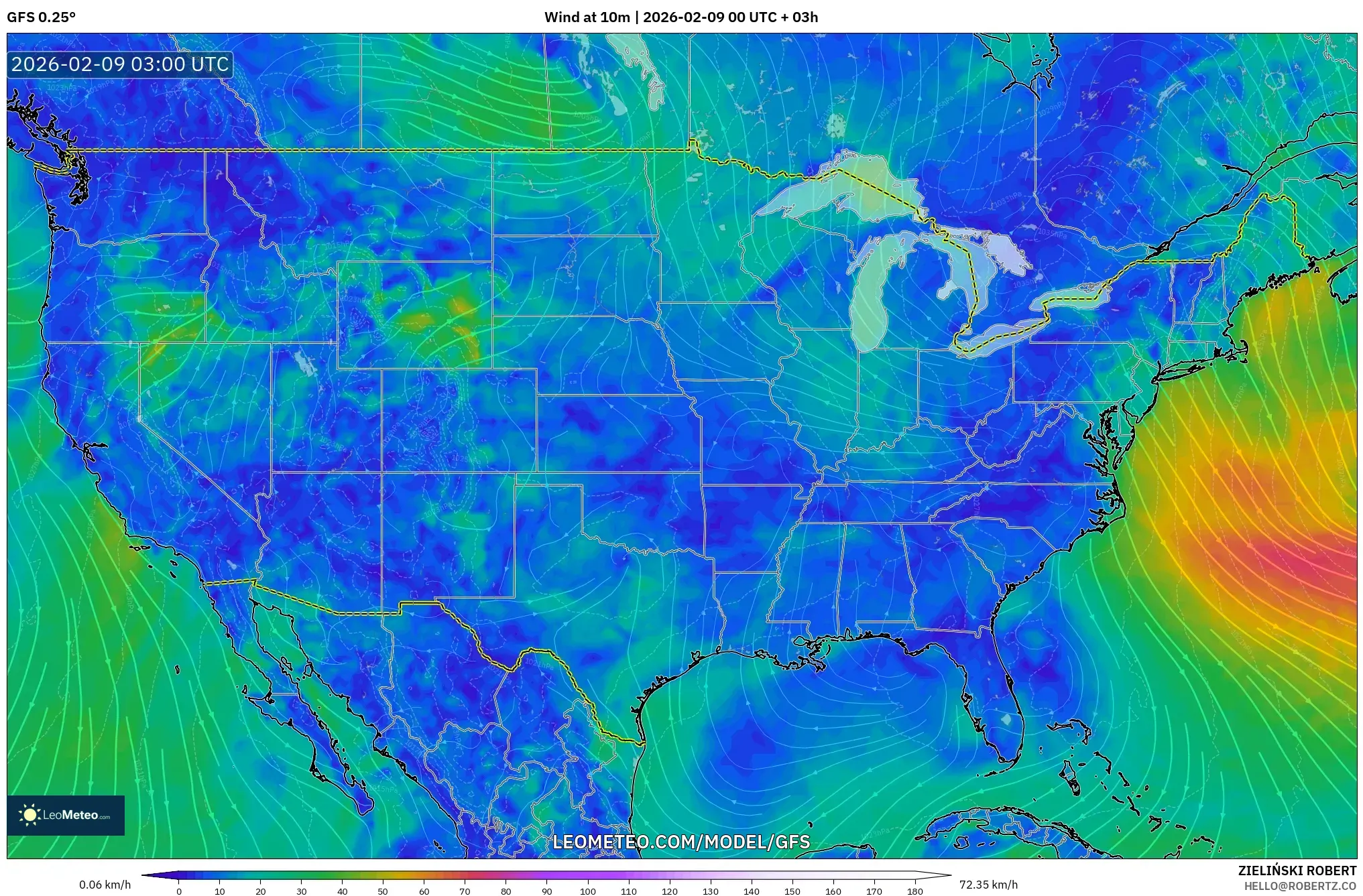 GFS model - Amerika Syarikat, Angin 10 m