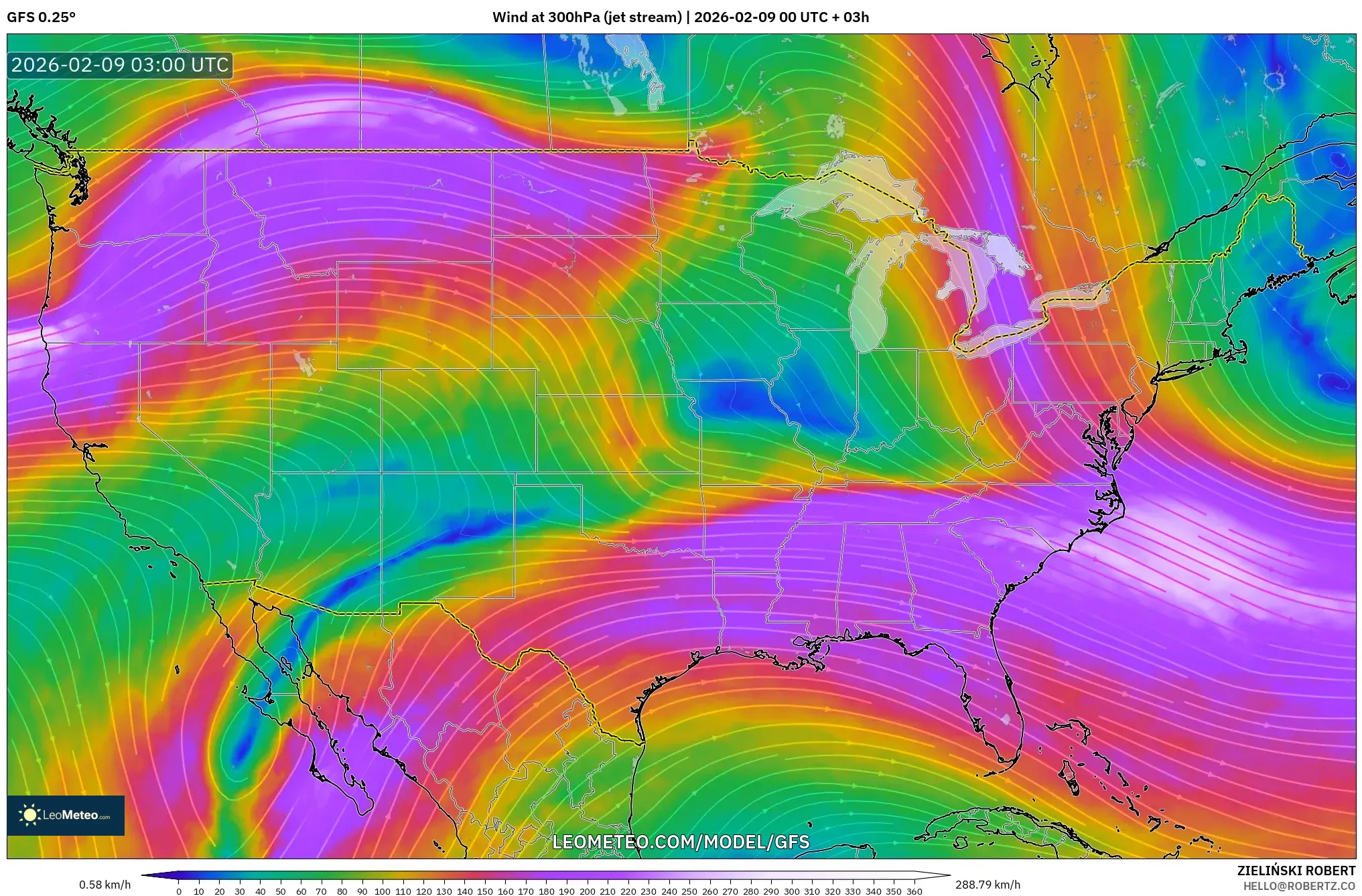 GFS model - Amerika Syarikat, Angin 300 hPa (aliran jet)