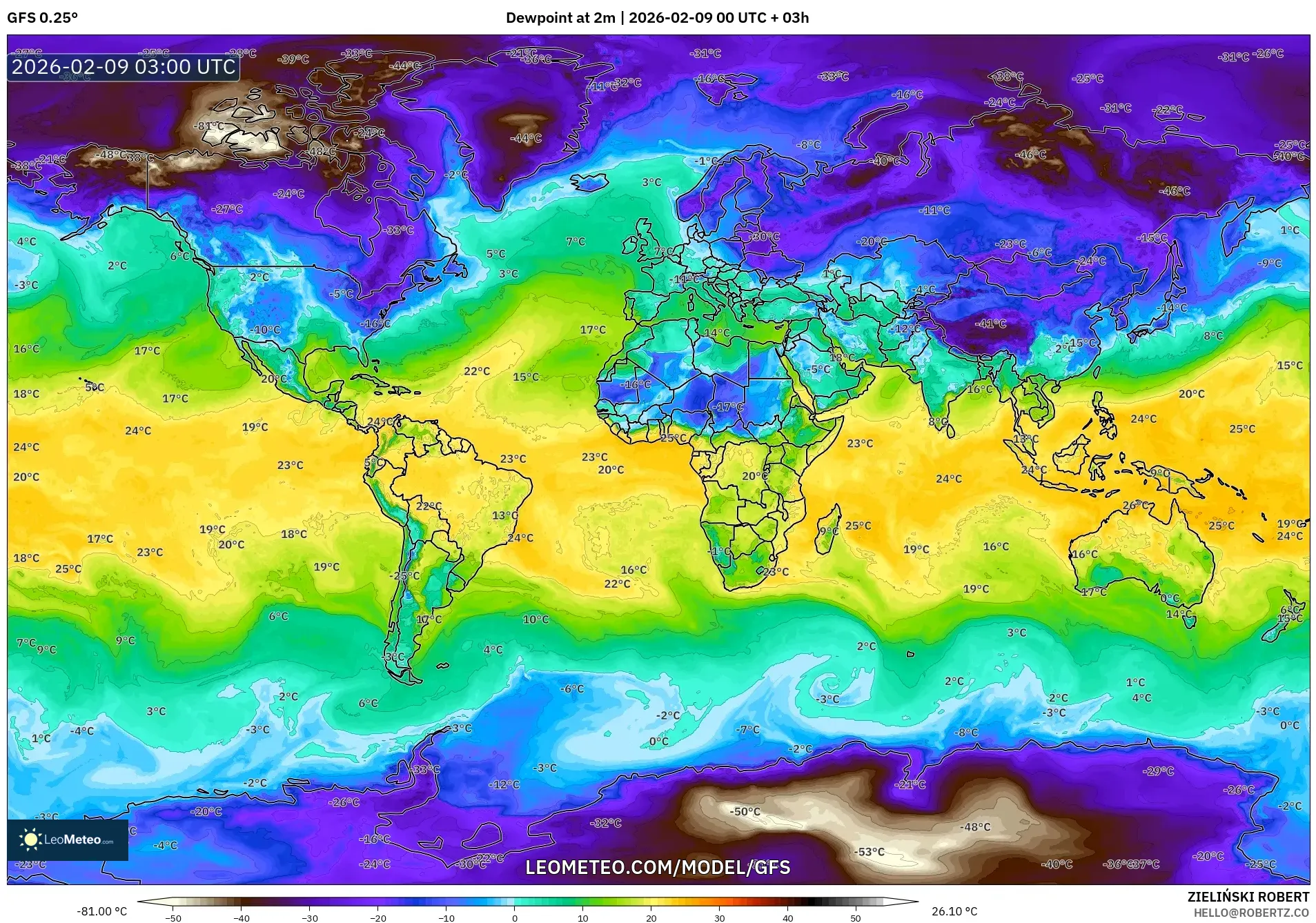 GFS model - Dunia, Takat Embun 2 m