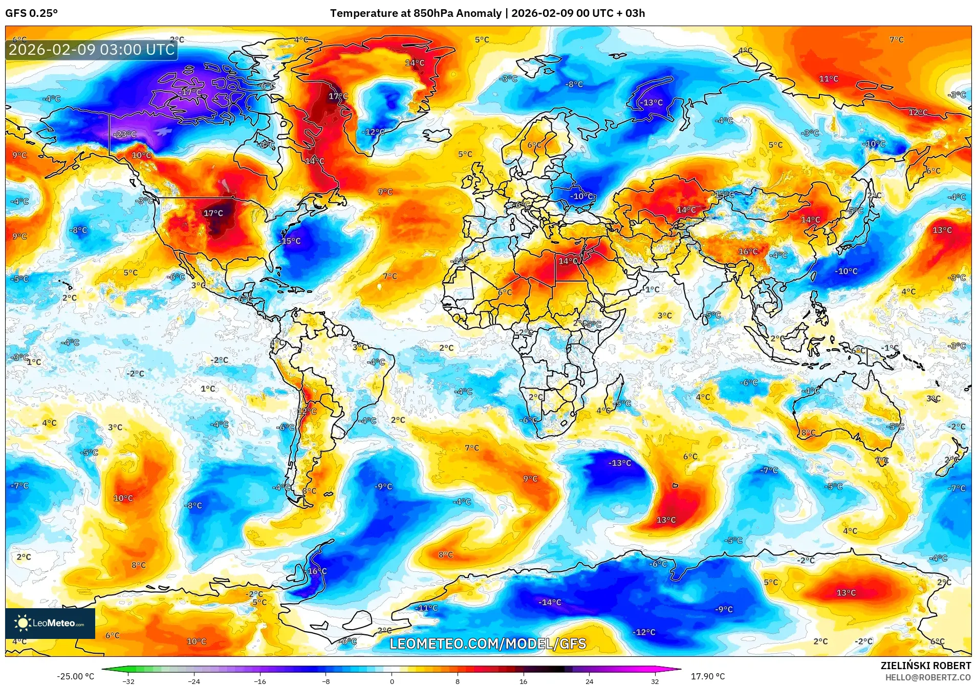 GFS model - Dunia, Anomali Suhu 850 hPa