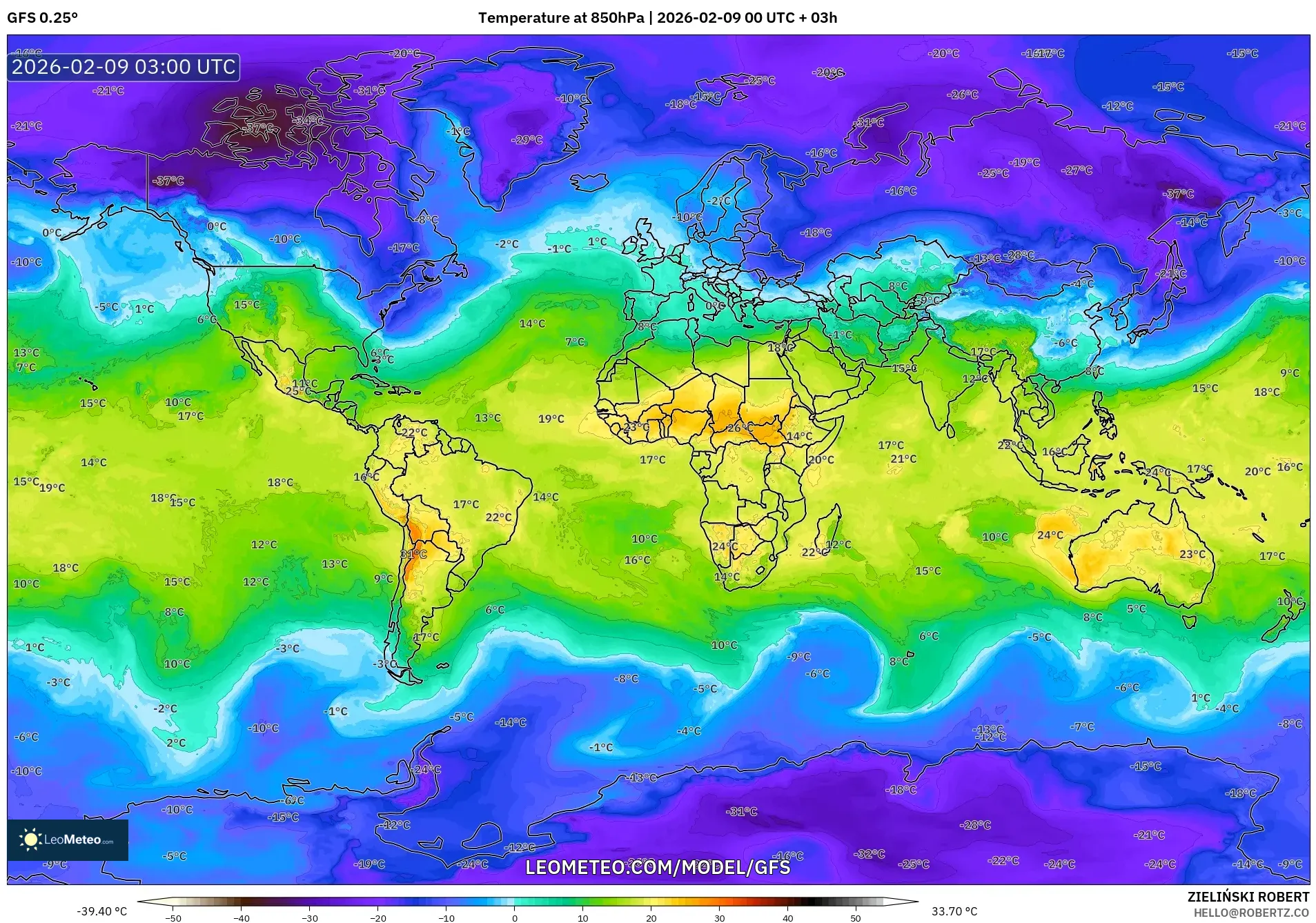 GFS model - Dunia, Suhu 850 hPa