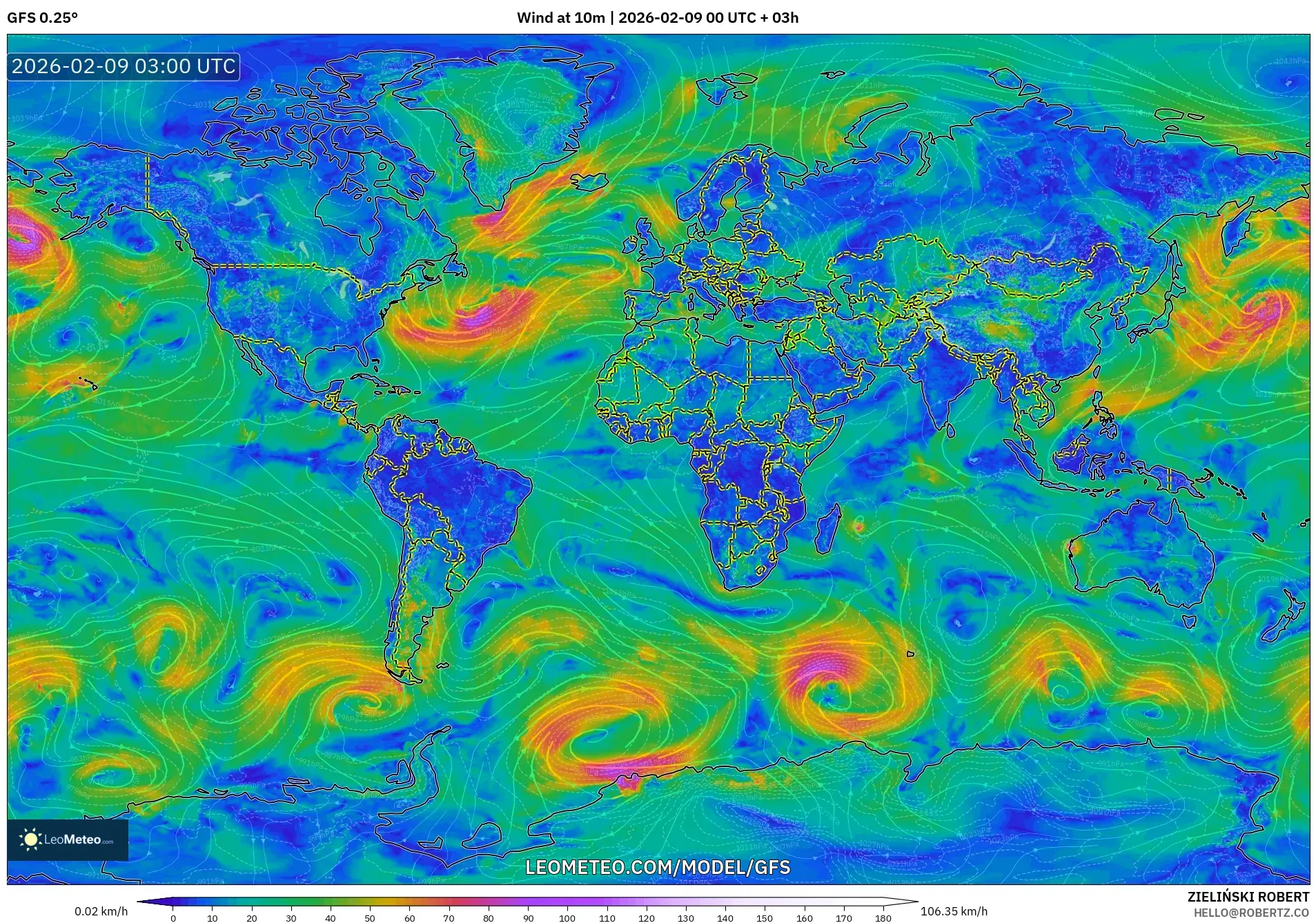 GFS model - Dunia, Angin 10 m