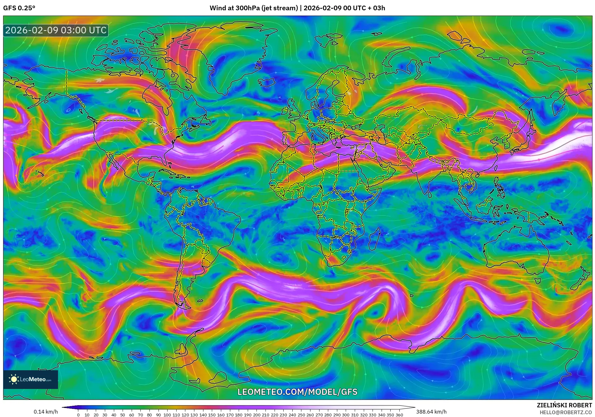 GFS model - Dunia, Angin 300 hPa (aliran jet)
