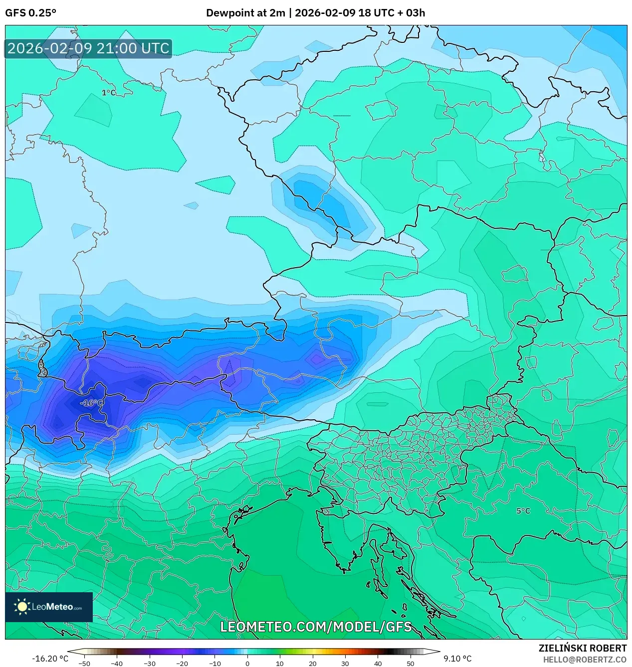 GFS model - Austria, Dewpoint at 2m
