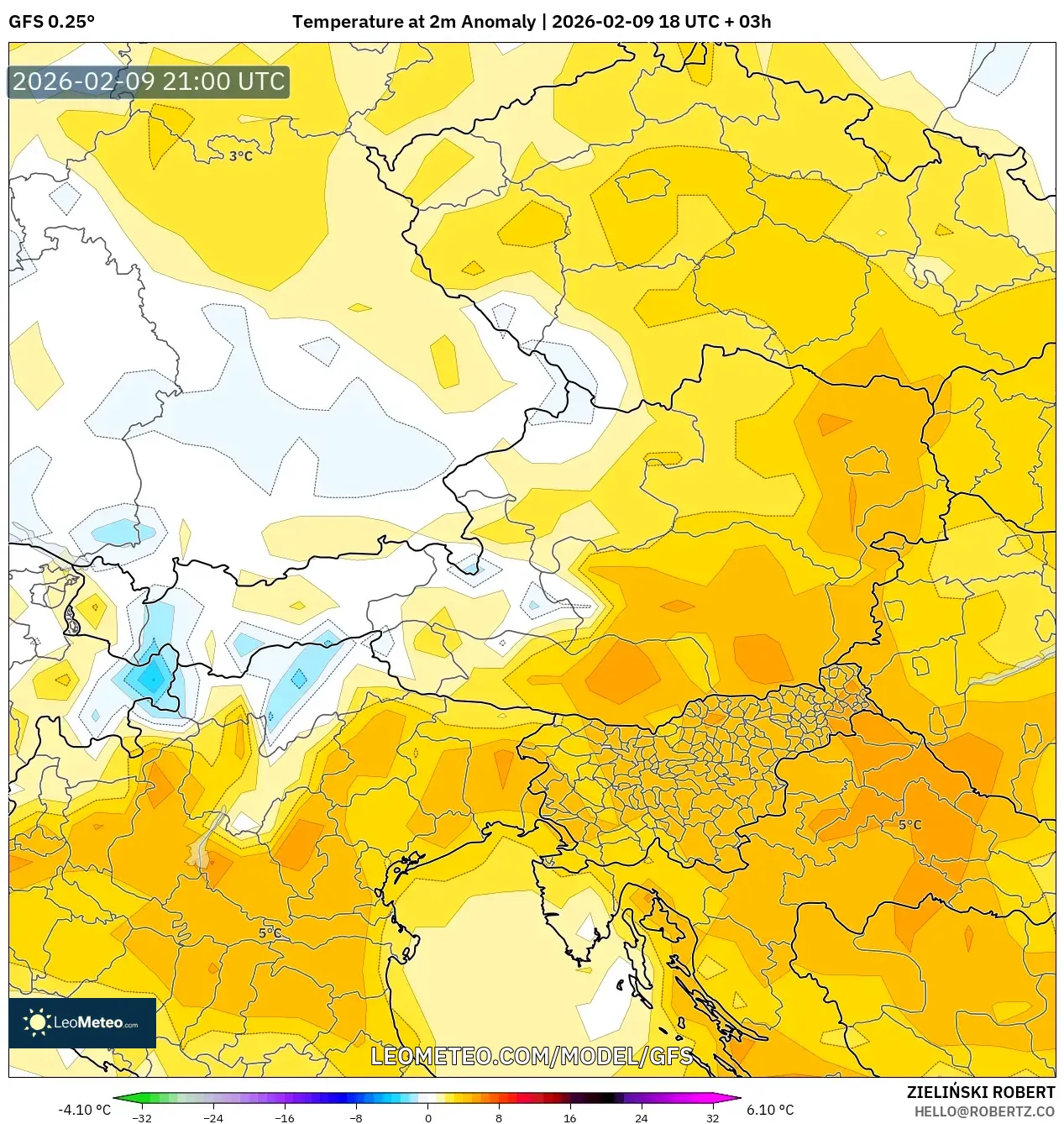 GFS model - Austria, Temperature at 2m Anomaly