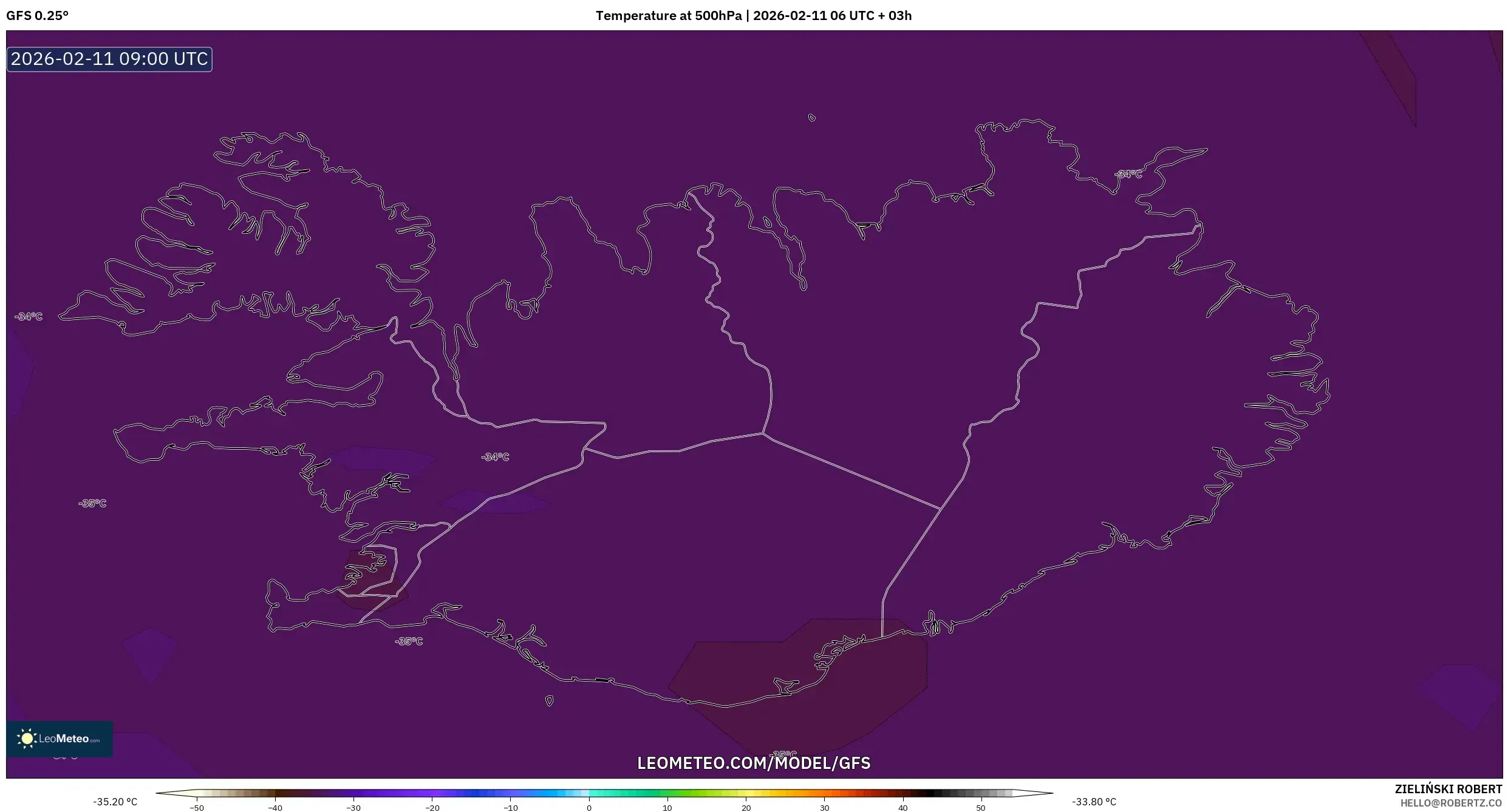 GFS model - Iceland, Temperature at 500hPa