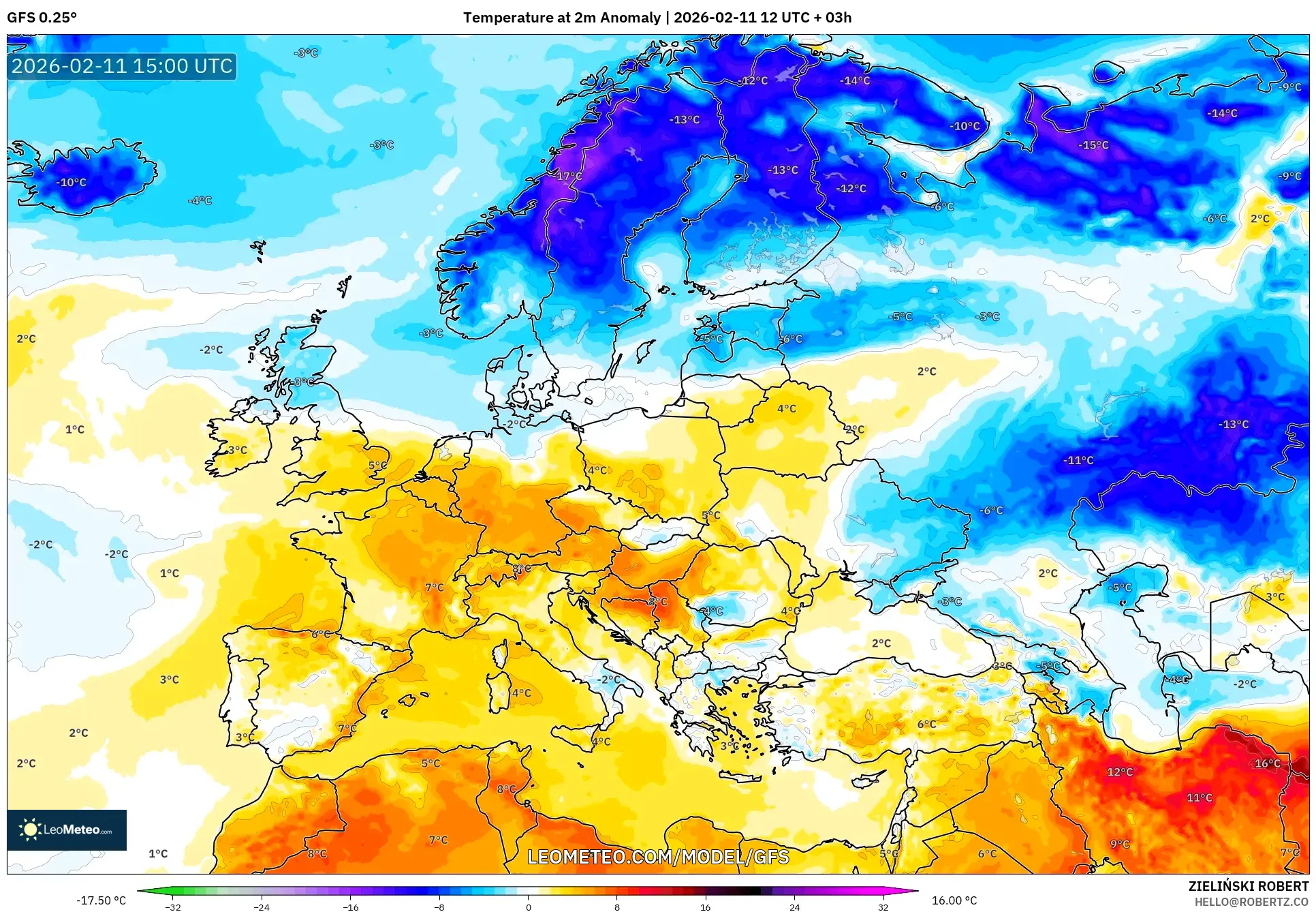 GFS model - Europe, Temperature at 2m Anomaly