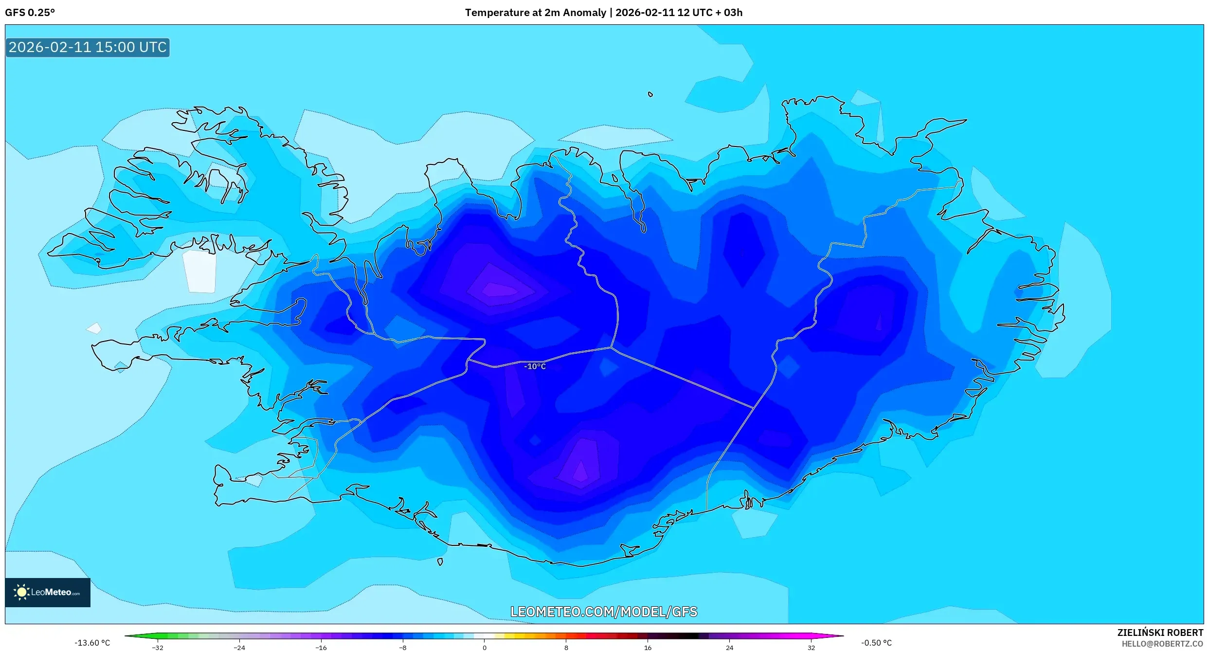 GFS model - Iceland, Temperature at 2m Anomaly