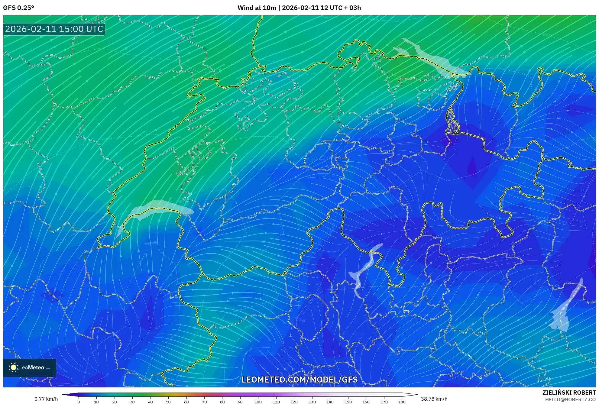 GFS model - Switzerland, Wind at 10m