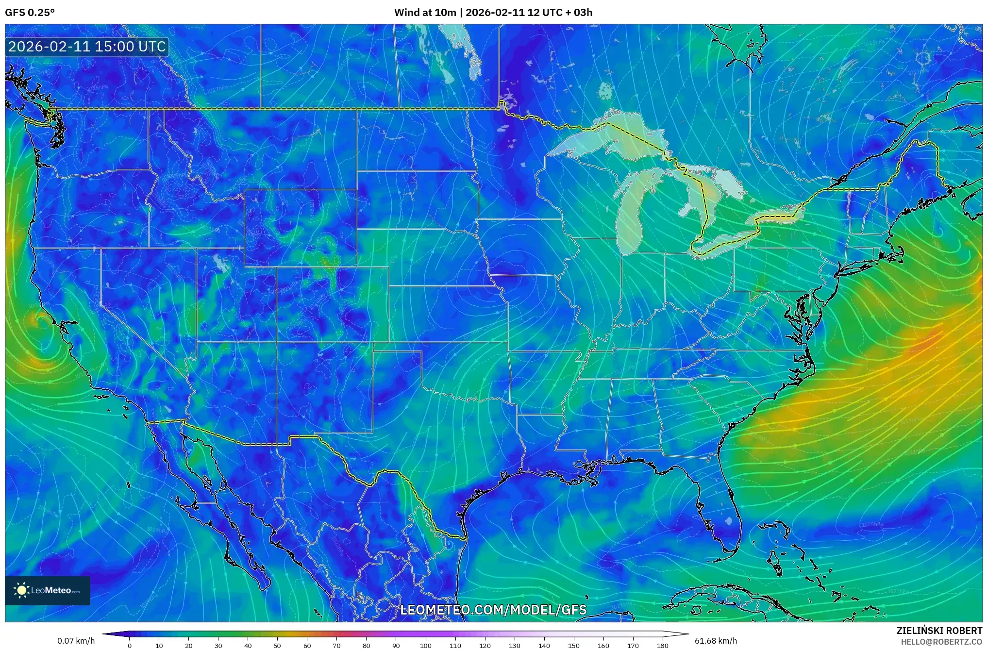 GFS model - United States, Wind at 10m